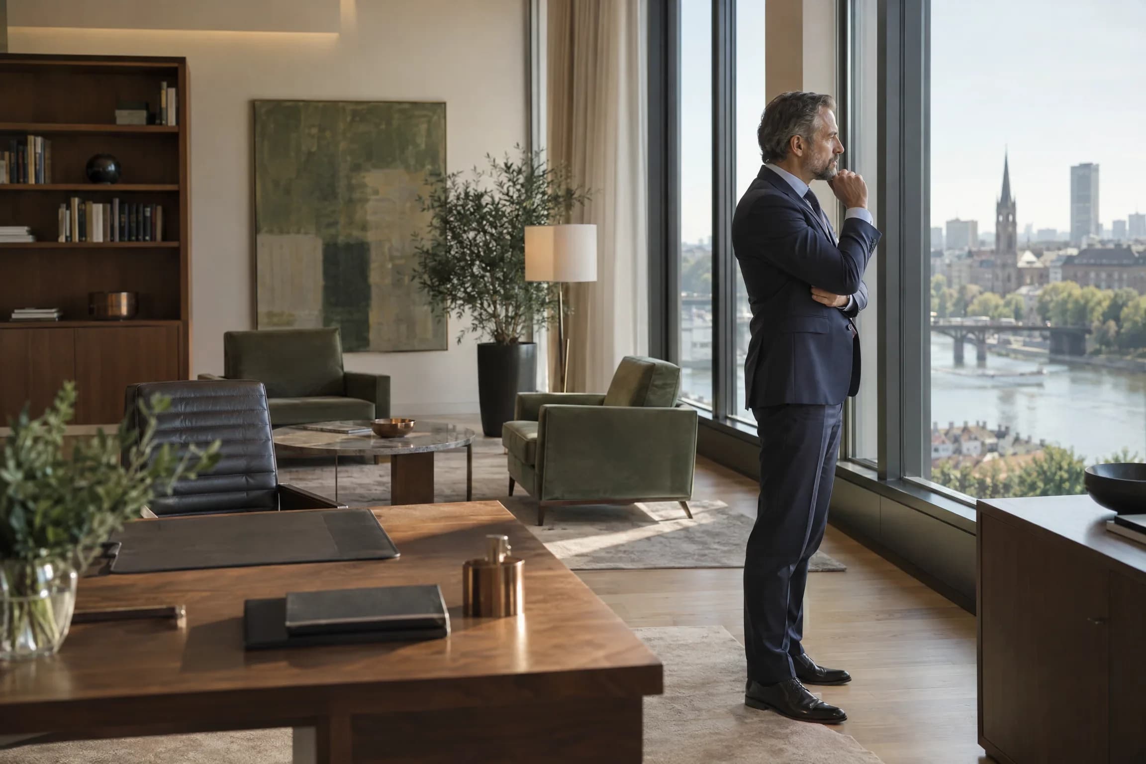 Ein Unternehmer am Fenster, im Moment der Entscheidung