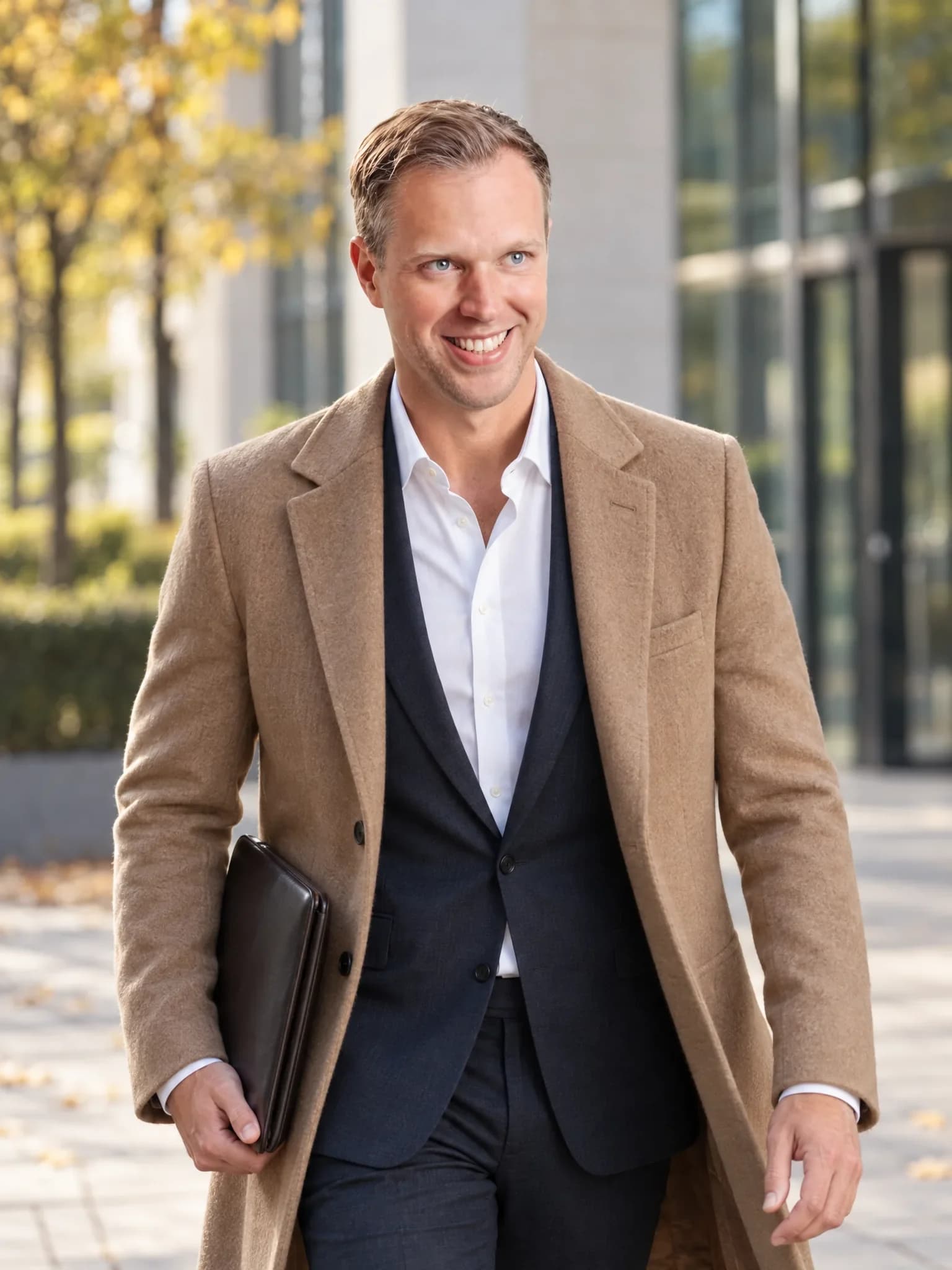 Dennis Tefett kommt im Kamelhaarmantel mit einer Ledermappe unter dem Arm über einen herbstlichen Platz auf ein Bürogebäude zu