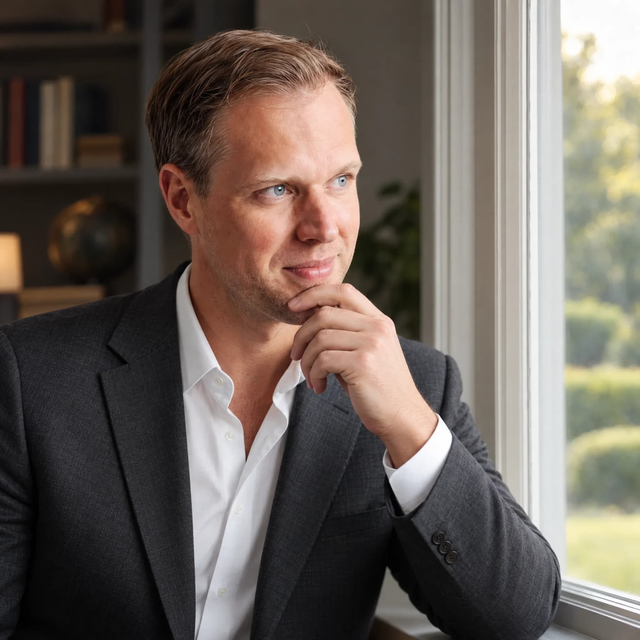 Dennis Tefett steht am Fenster mit der Hand am Kinn und blickt nachdenklich ins Grüne hinaus