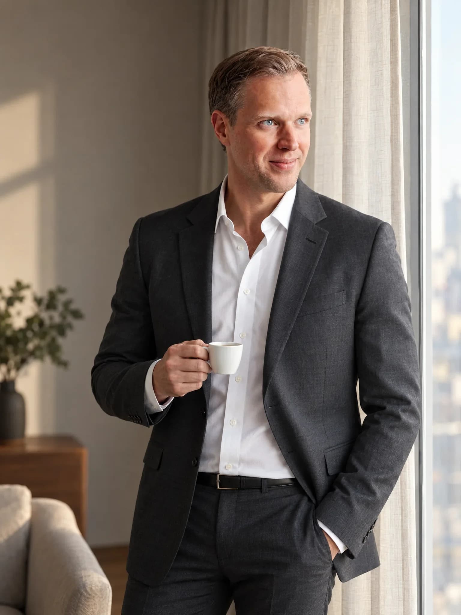 Dennis Tefett steht mit einer Espressotasse am hohen Fenster und schaut mit ruhigem Blick nach draußen