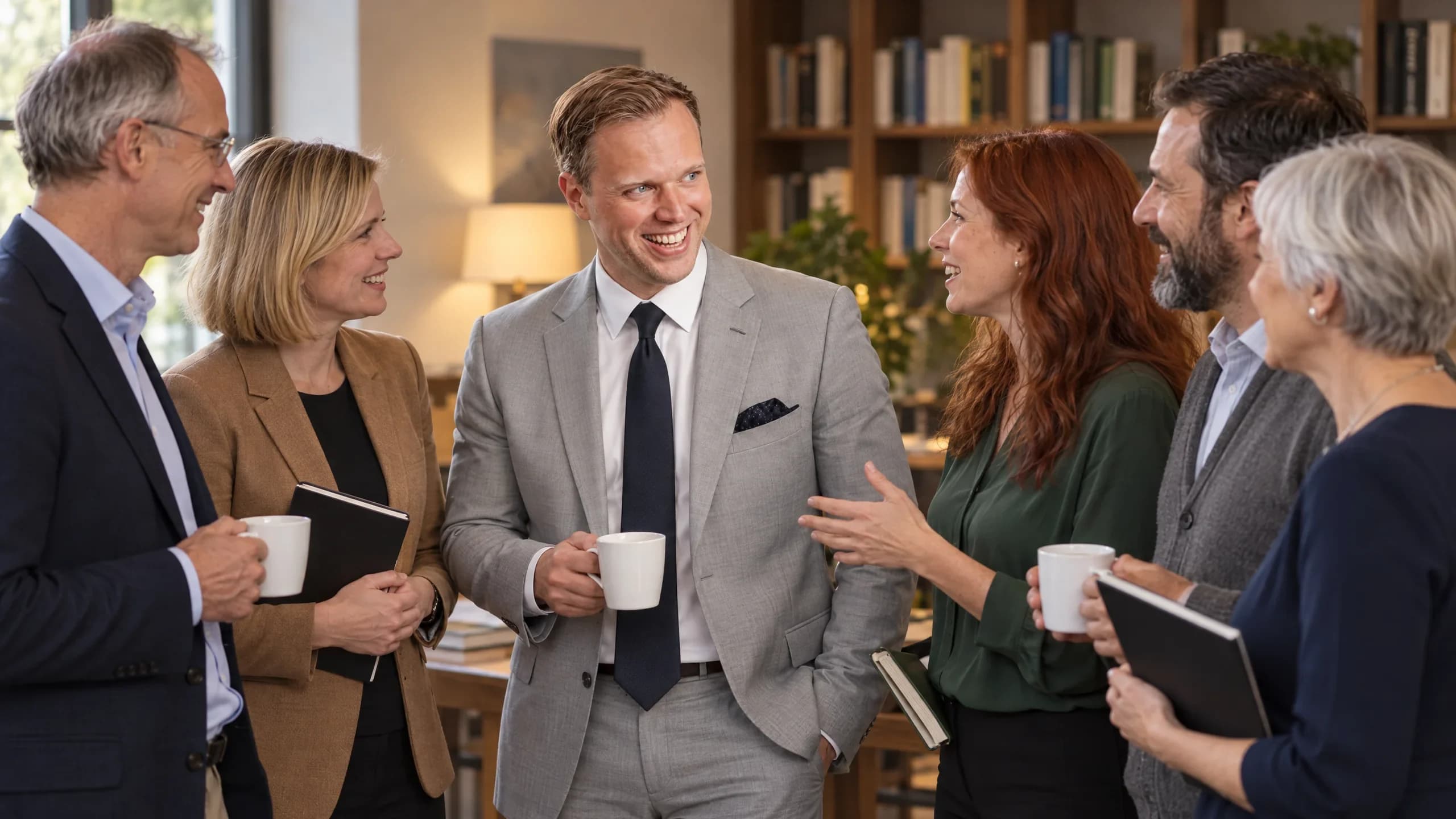 Dennis Tefett steht mit fünf Menschen mit Kaffeetassen und Notizbüchern in einer Bibliothek zusammen, alle lachen