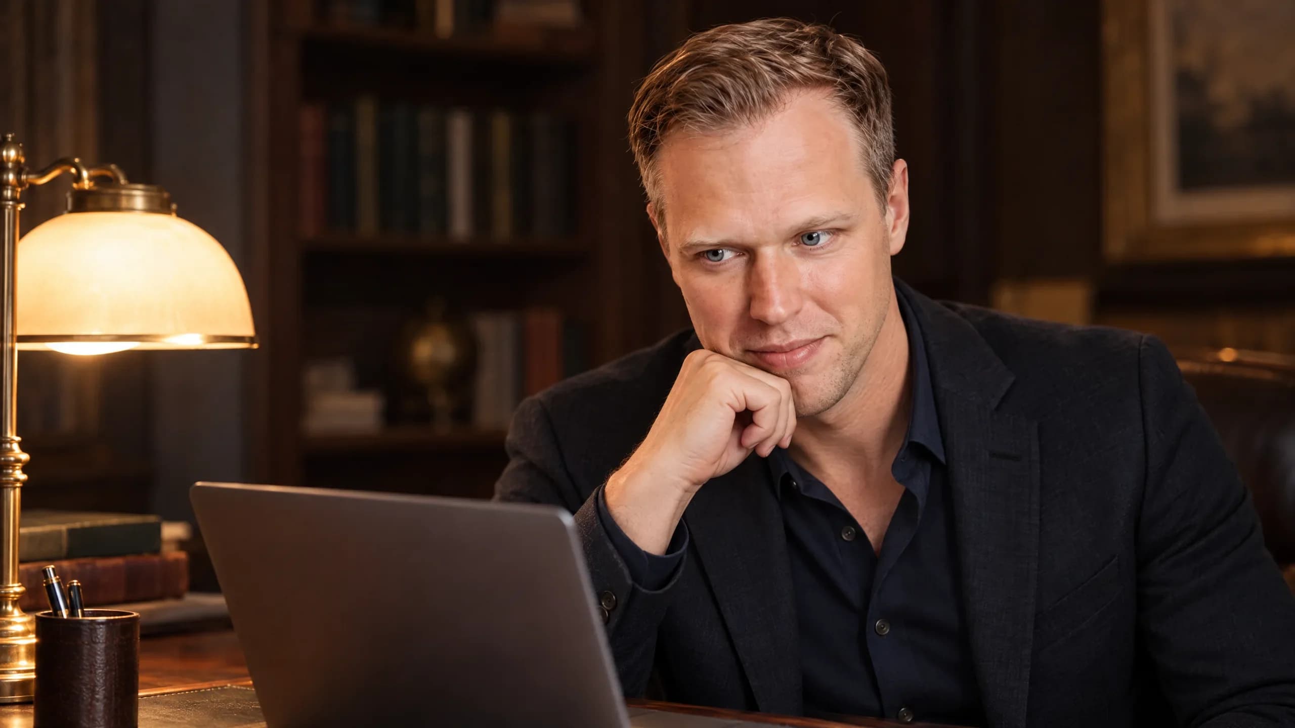 Dennis Tefett am Schreibtisch im Lampenlicht, das Kinn auf die Hand gestützt, vor ihm der aufgeklappte Laptop und Bücher