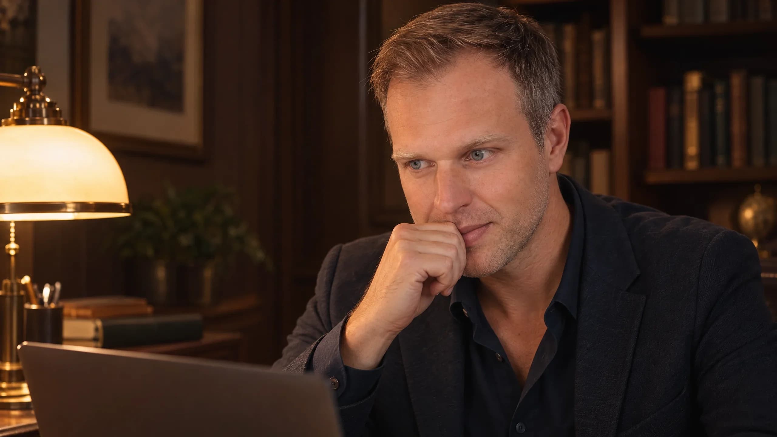 Dennis Tefett sitzt abends unter einer Schreibtischlampe vor dem aufgeklappten Laptop, die Hand nachdenklich vor dem Mund
