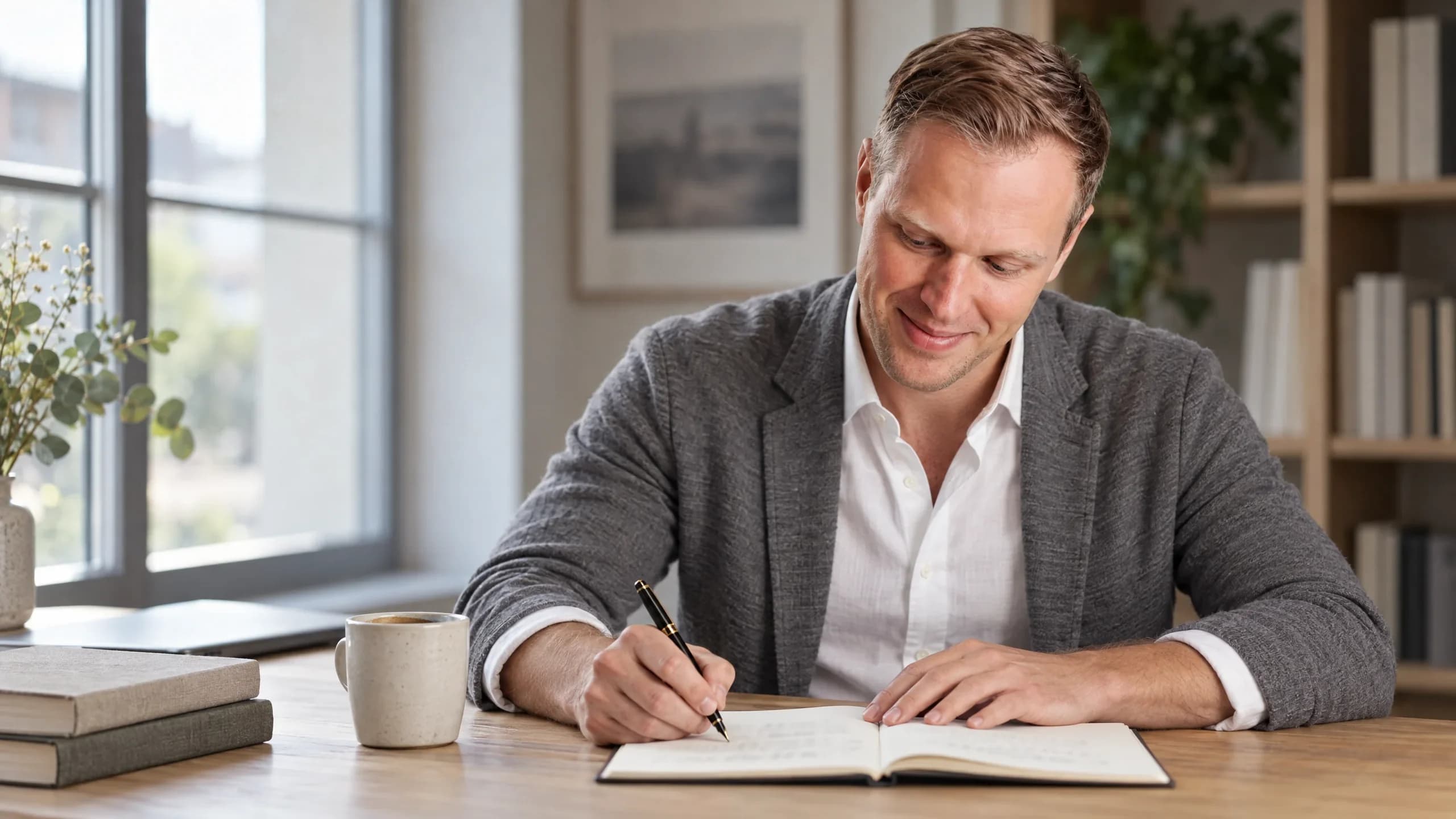Dennis Tefett sitzt am hellen Schreibtisch und schreibt lächelnd in ein aufgeschlagenes Notizbuch