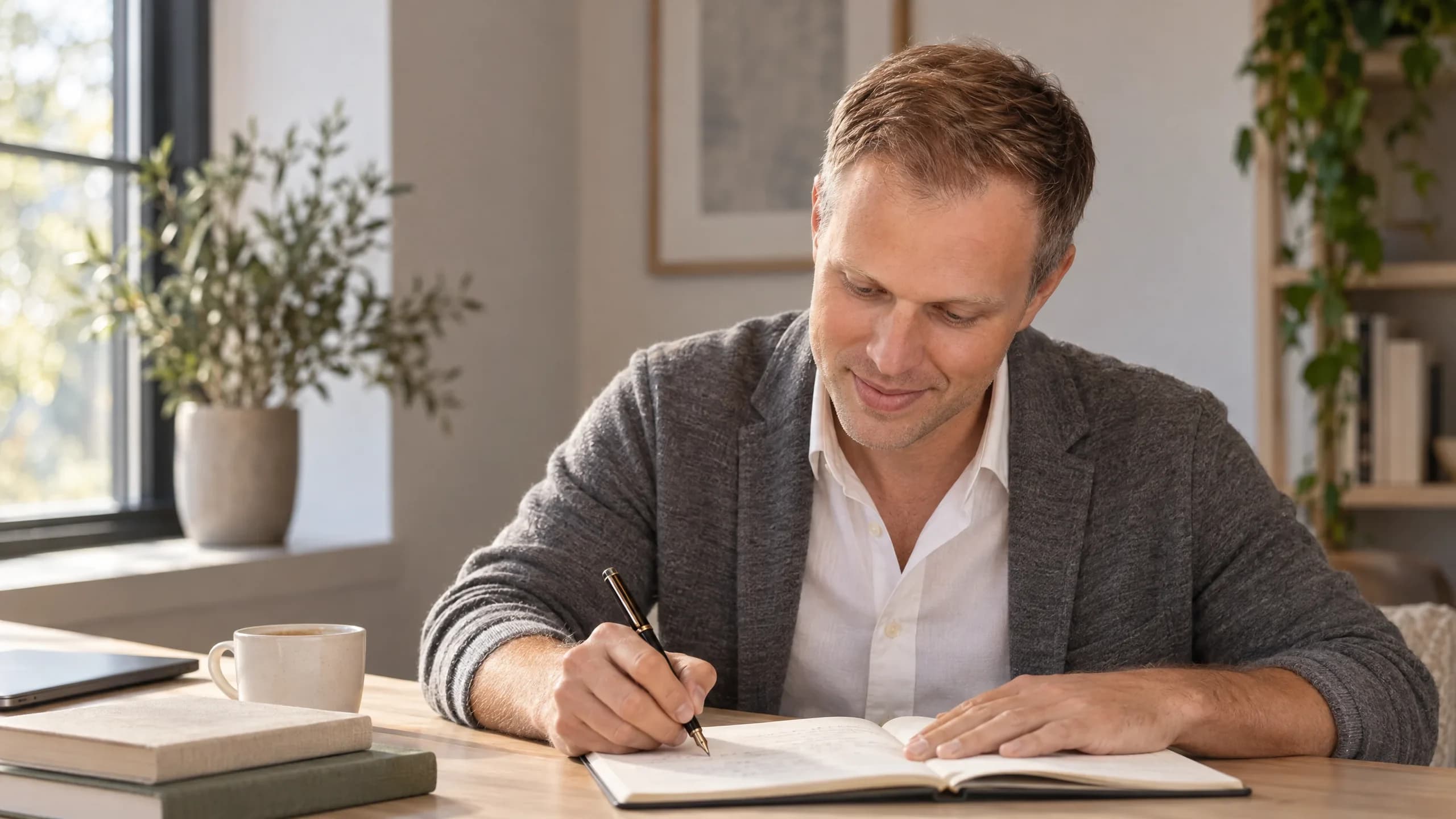 Dennis Tefett schreibt am Tisch vor dem Fenster mit dem Füller in ein aufgeschlagenes Notizbuch, daneben Tasse und Bücher