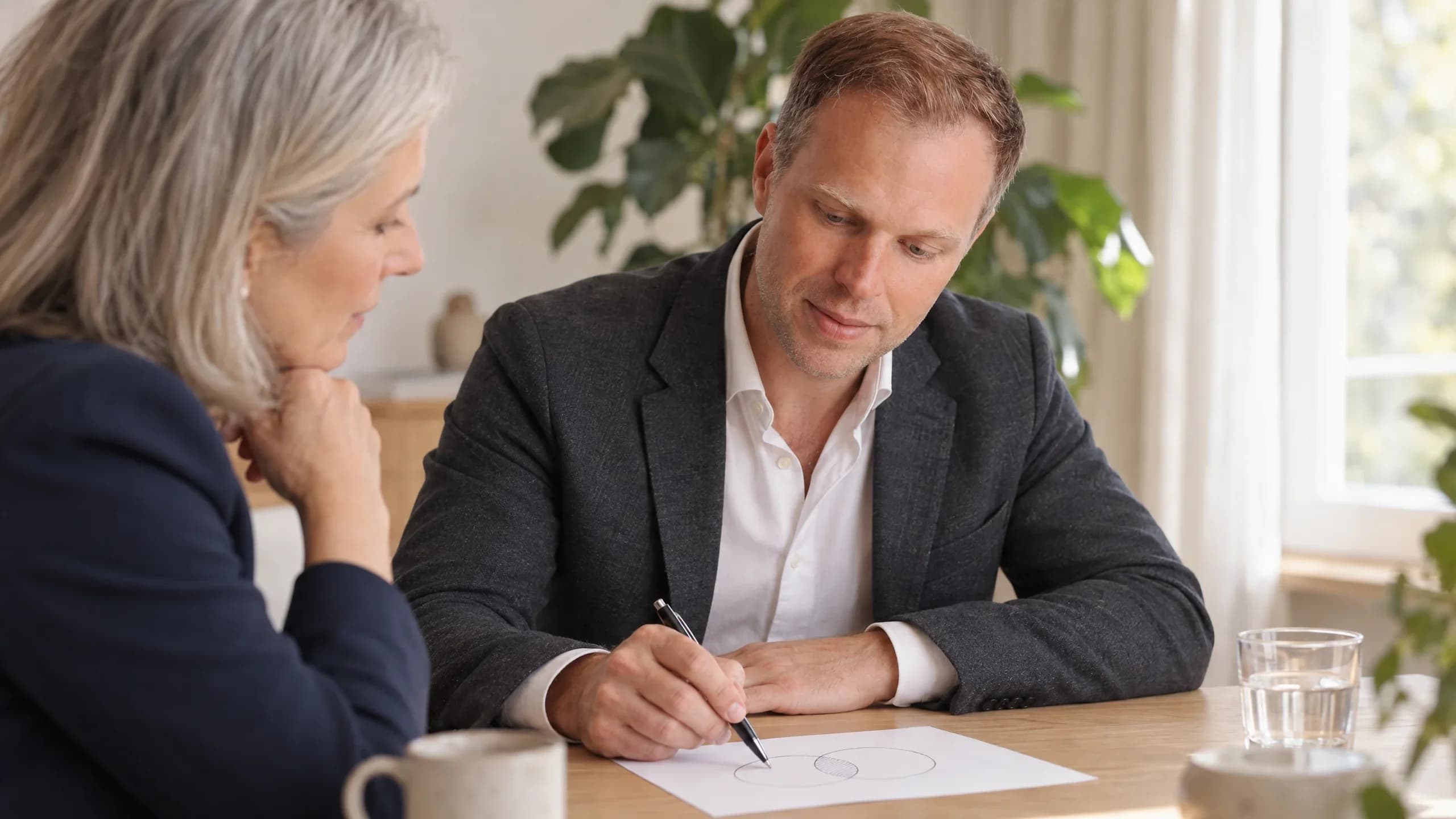 Dennis Tefett zeichnet am Tisch zwei sich überschneidende Kreise auf ein Blatt, eine Klientin mit grauem Haar schaut ihm konzentriert zu