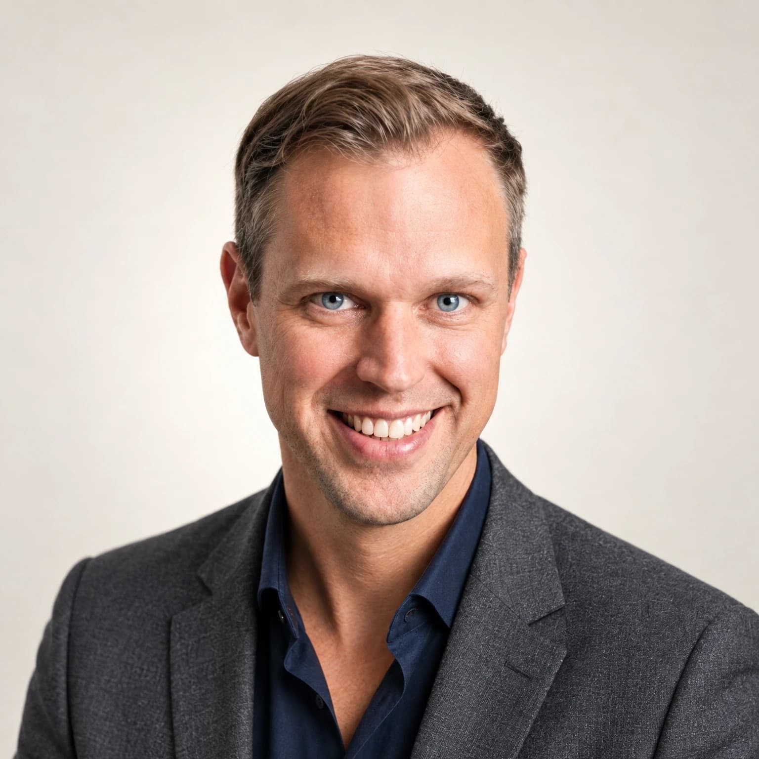 Porträt von Dennis Tefett im dunkelgrauen Sakko vor hellem, ruhigem Hintergrund