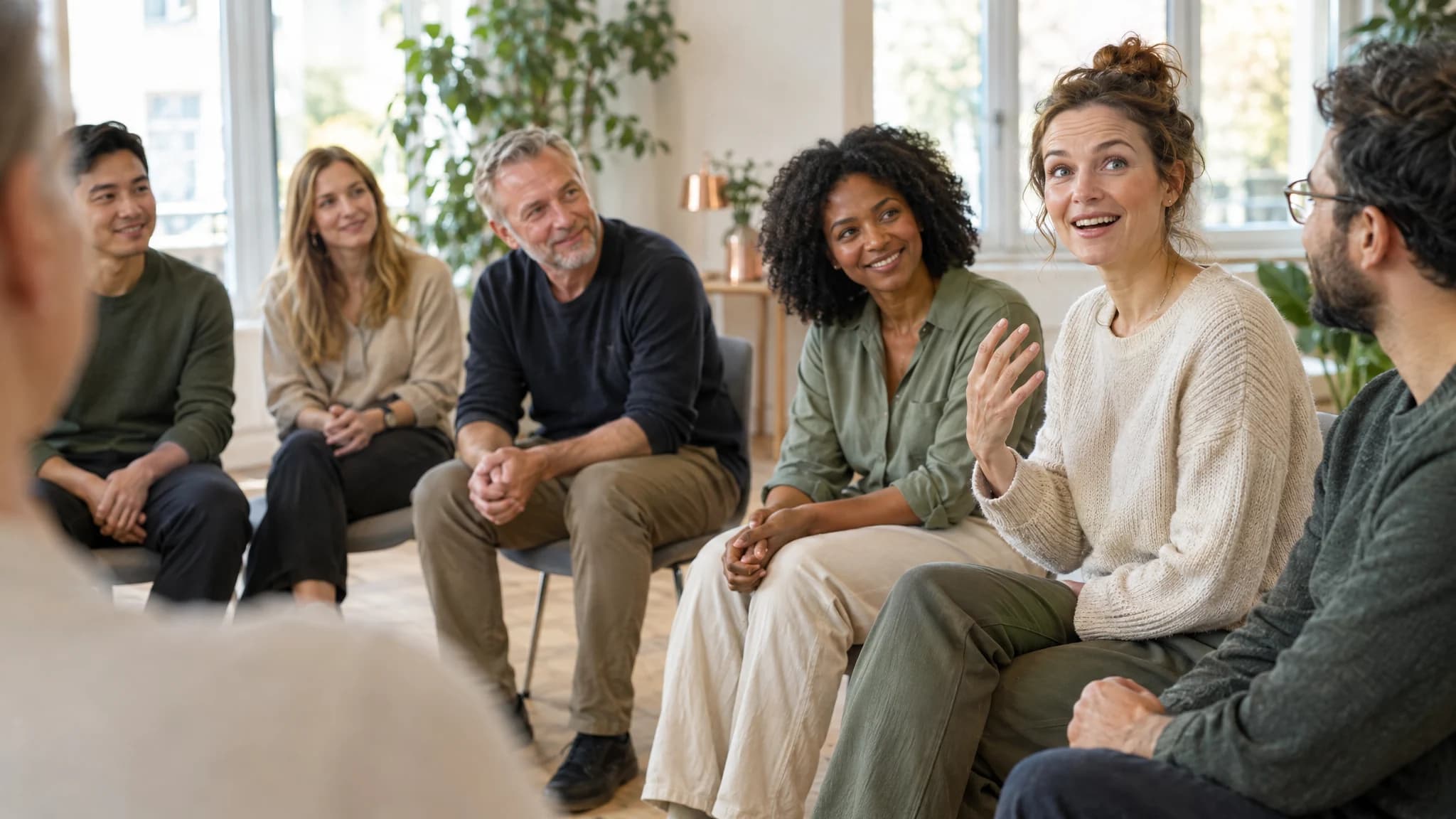 Seminarrunde im Halbkreis: Eine Teilnehmerin hat gerade etwas verstanden, die anderen wenden sich ihr zu.