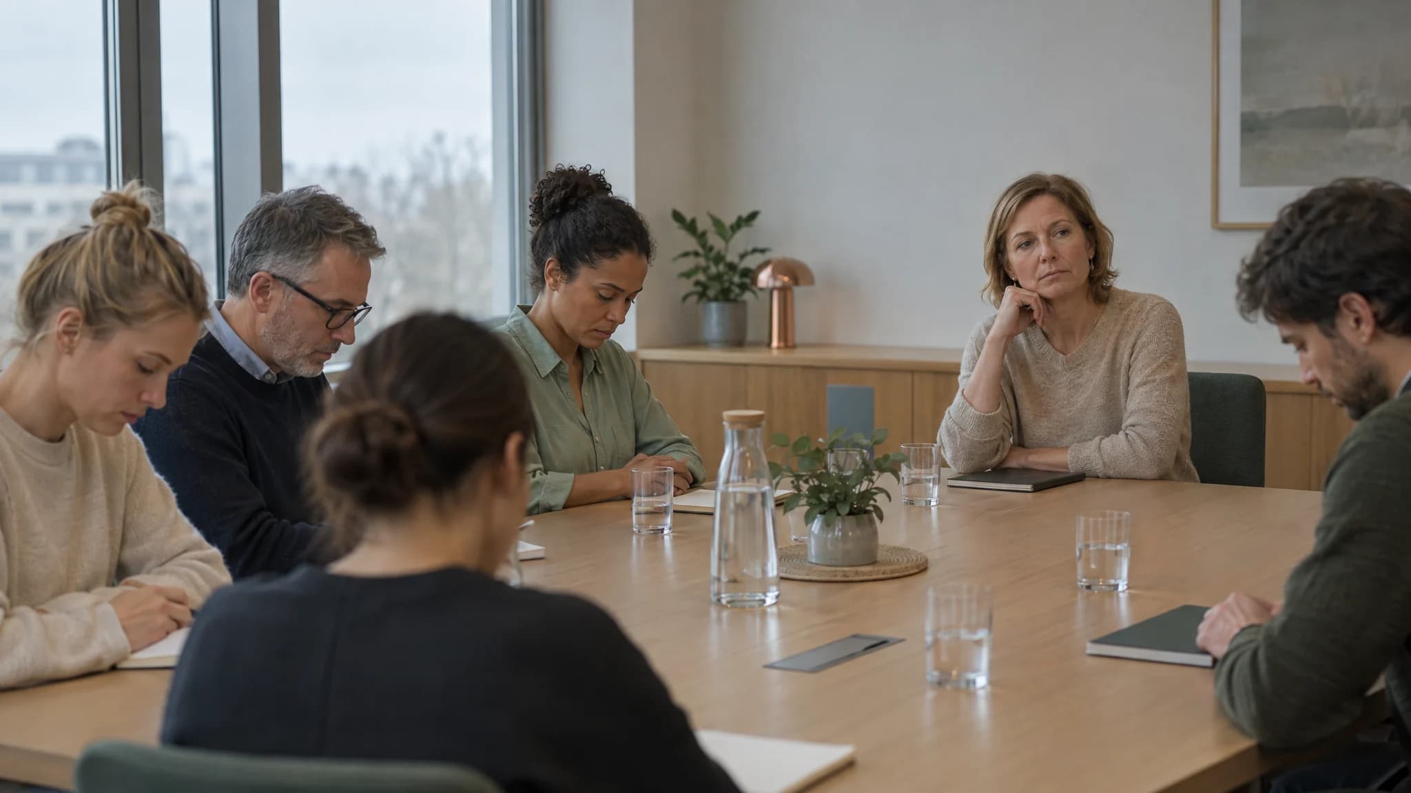 Leitungsrunde in einer Klinikverwaltung: Alle blicken auf den Tisch, die Leiterin wartet allein auf eine Antwort.