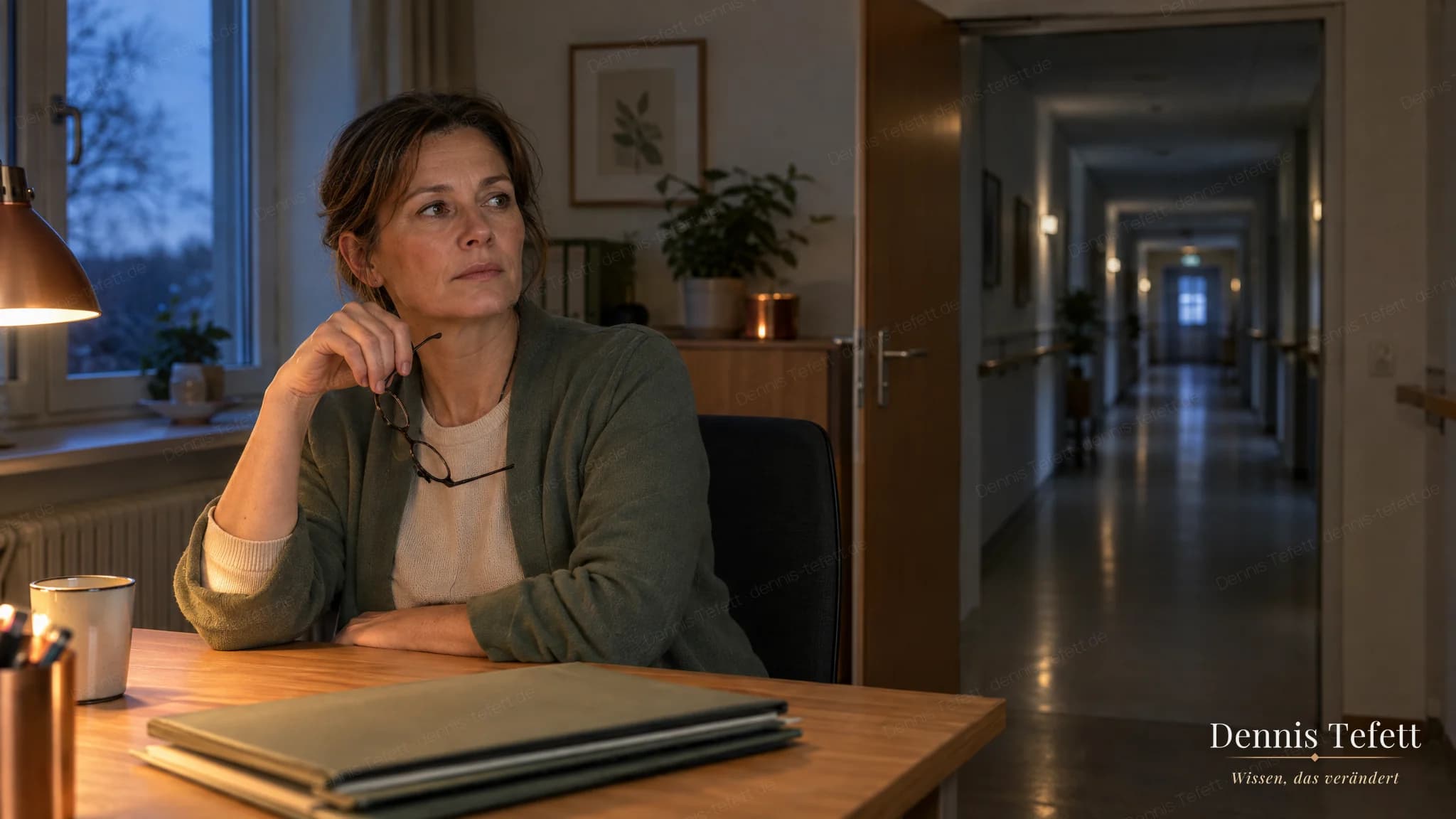 Die Leiterin eines Pflegeheims sitzt abends allein im Büro, die Brille in der Hand, hinter ihr der leere Flur.