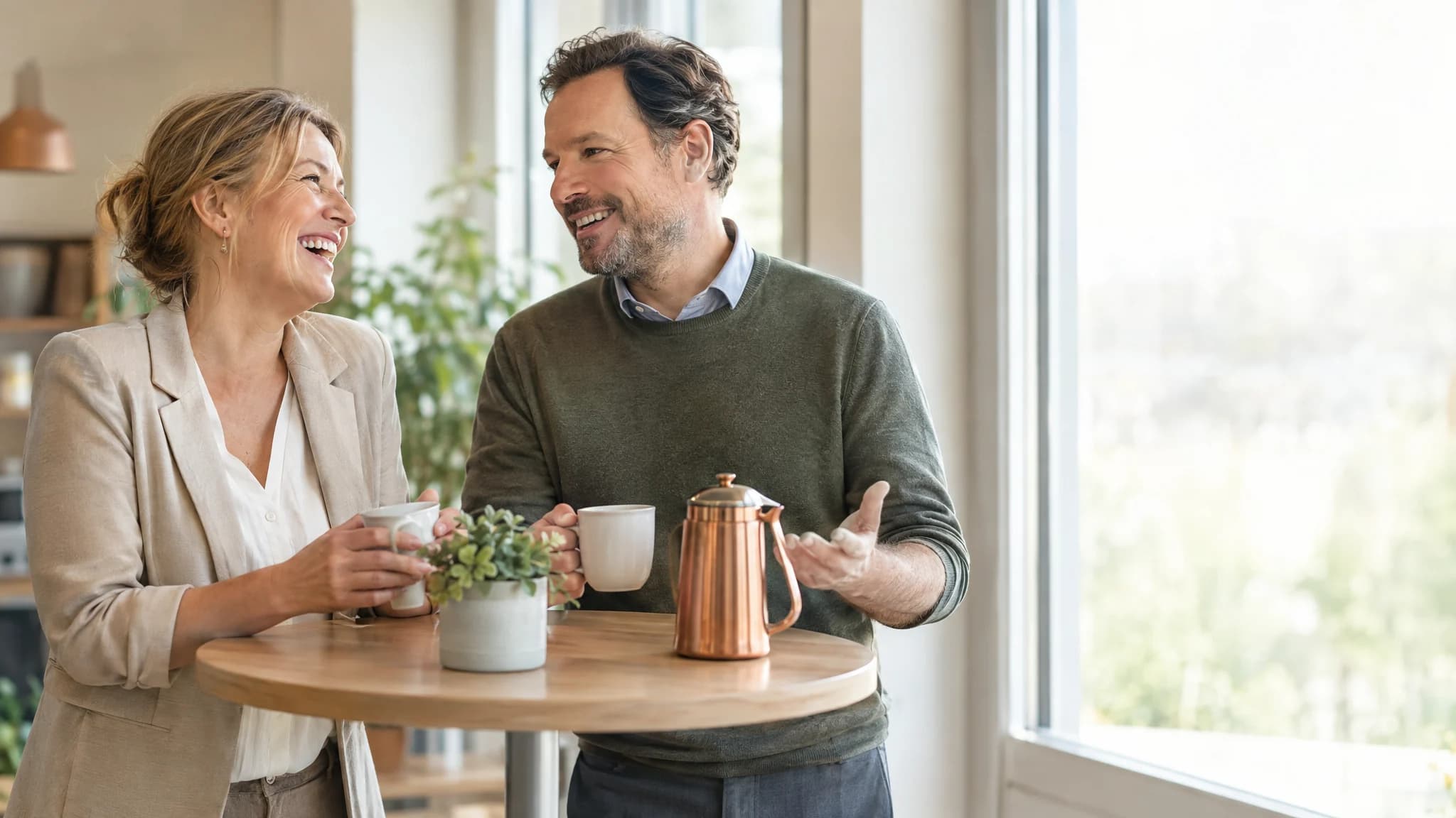 Zwei Einrichtungsleitungen stehen mit Kaffee am Fenster und lachen miteinander.