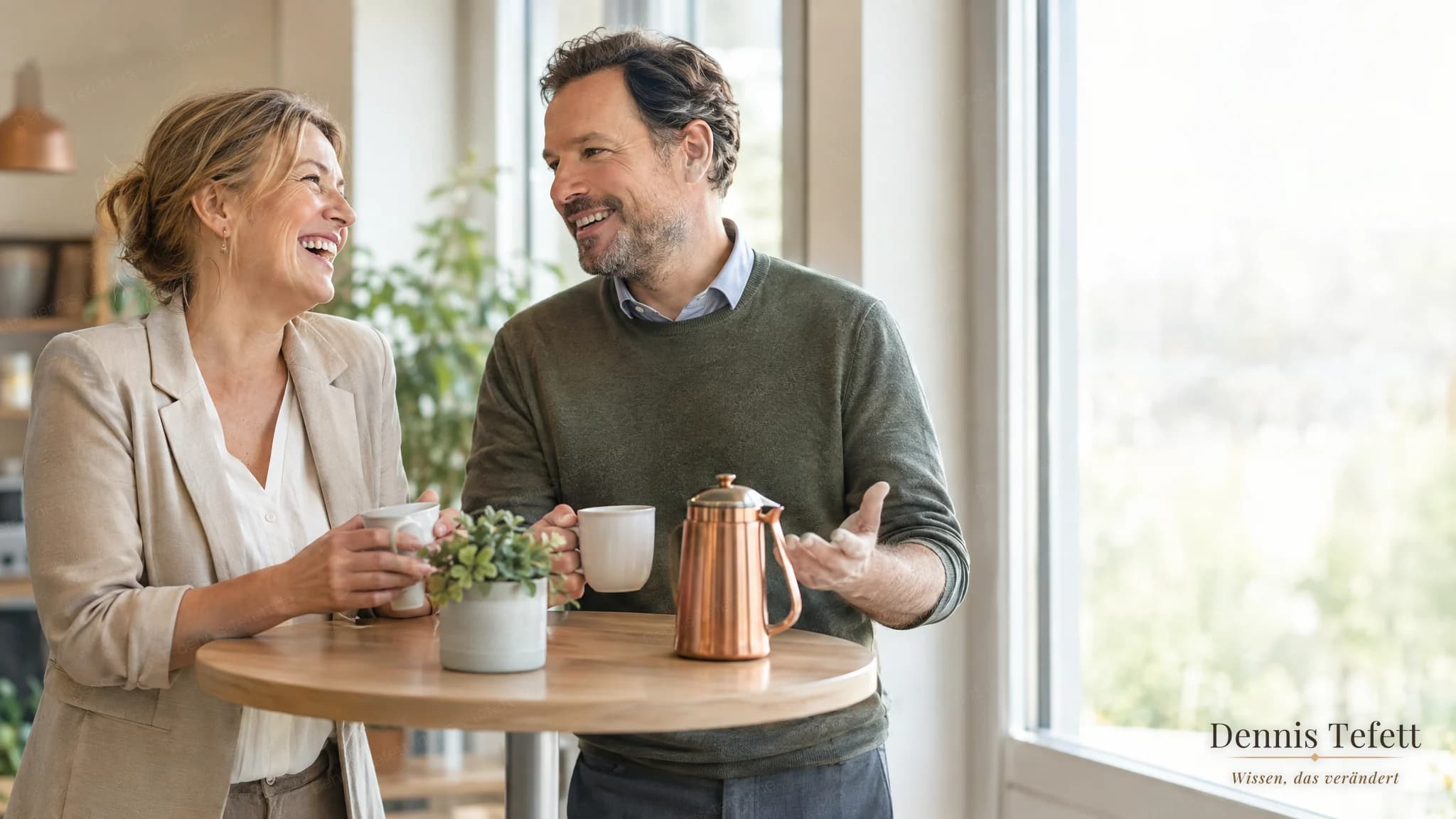 Zwei Einrichtungsleitungen stehen mit Kaffee am Fenster und lachen miteinander.