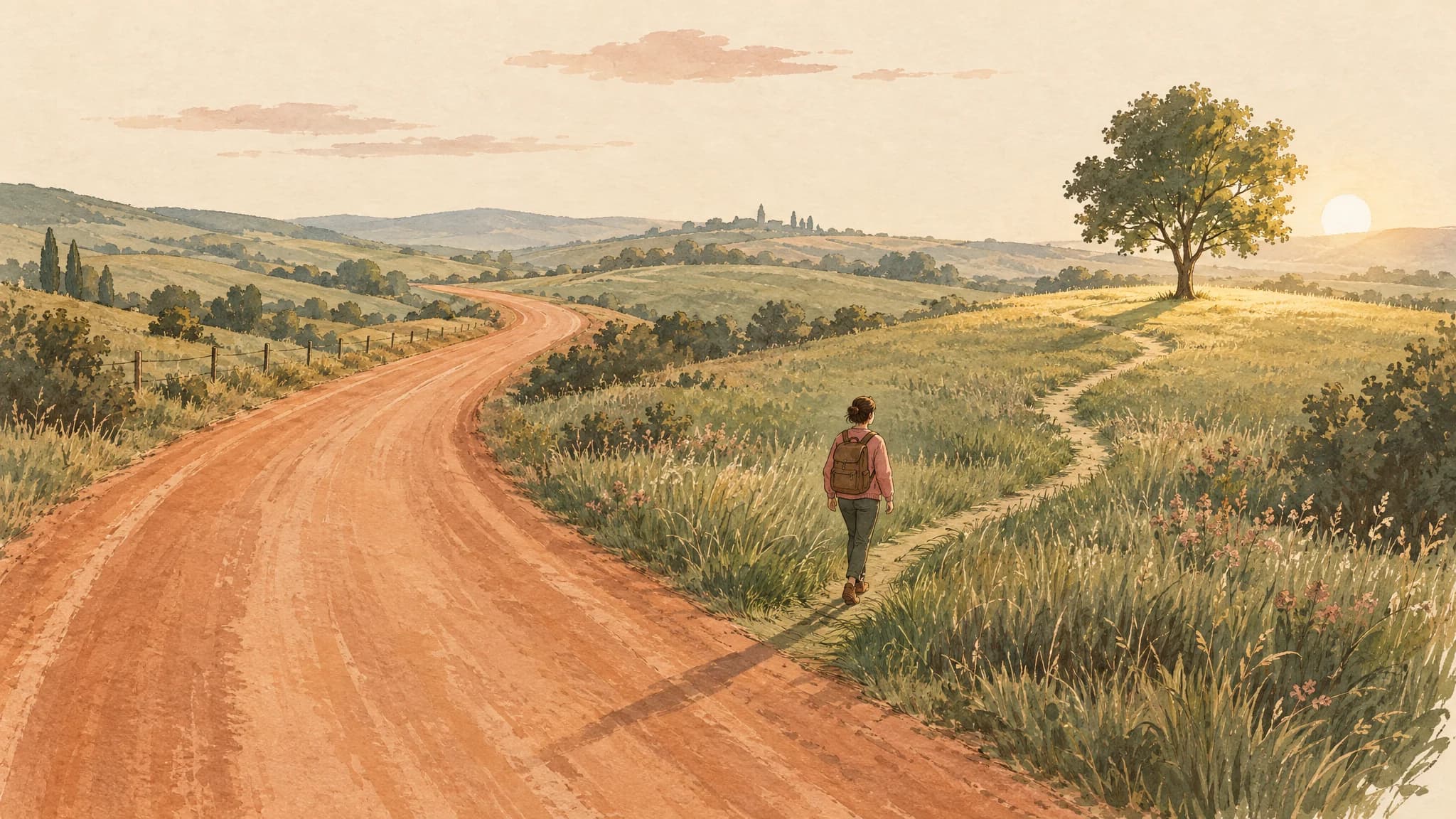 Gemalte Landschaft: eine breite kupferfarbene Straße und ein schmaler grüner Pfad, auf dem ein Mensch die ersten Schritte geht.