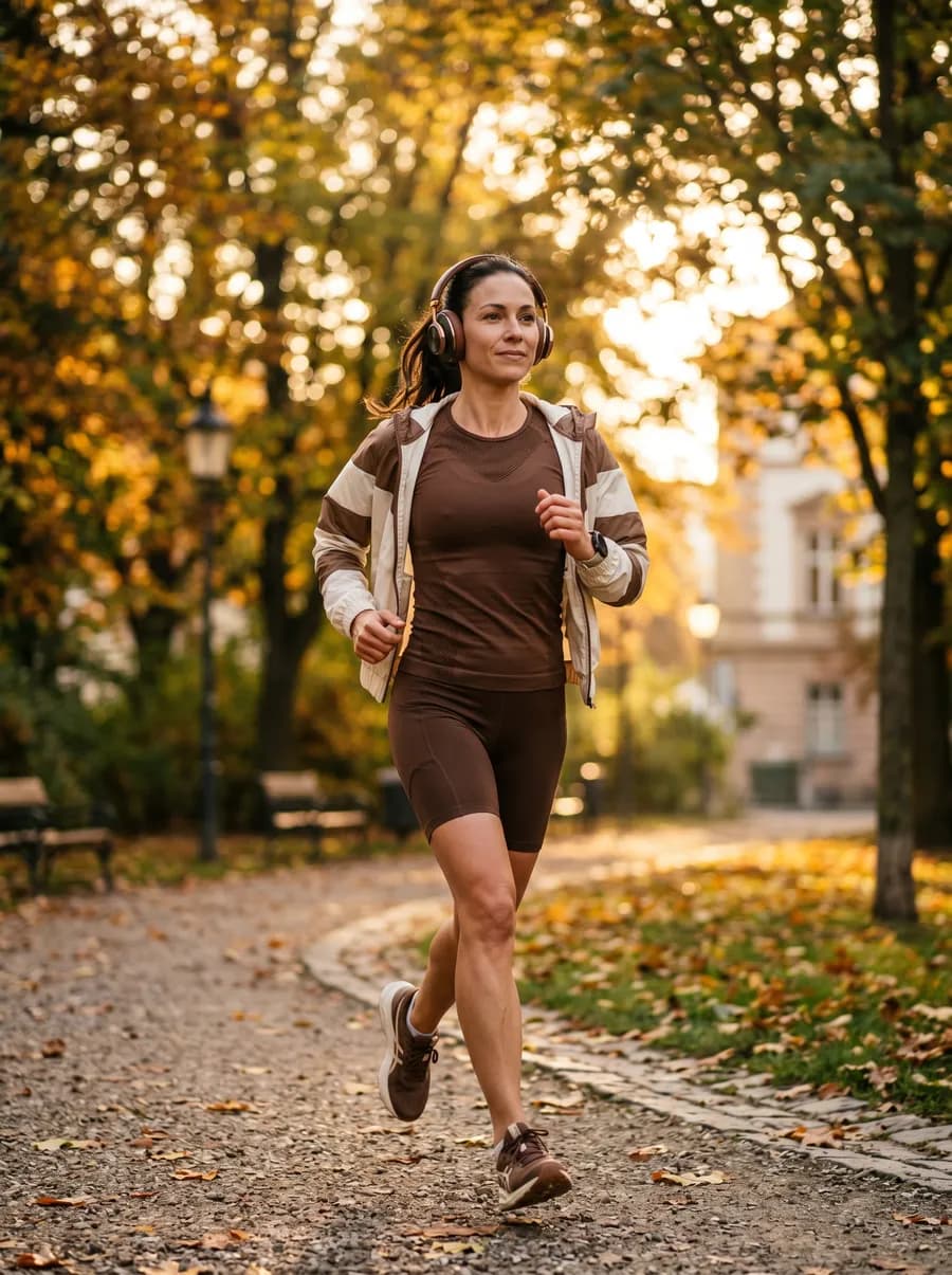 Eine Person läuft im ersten Morgenlicht eine Allee entlang