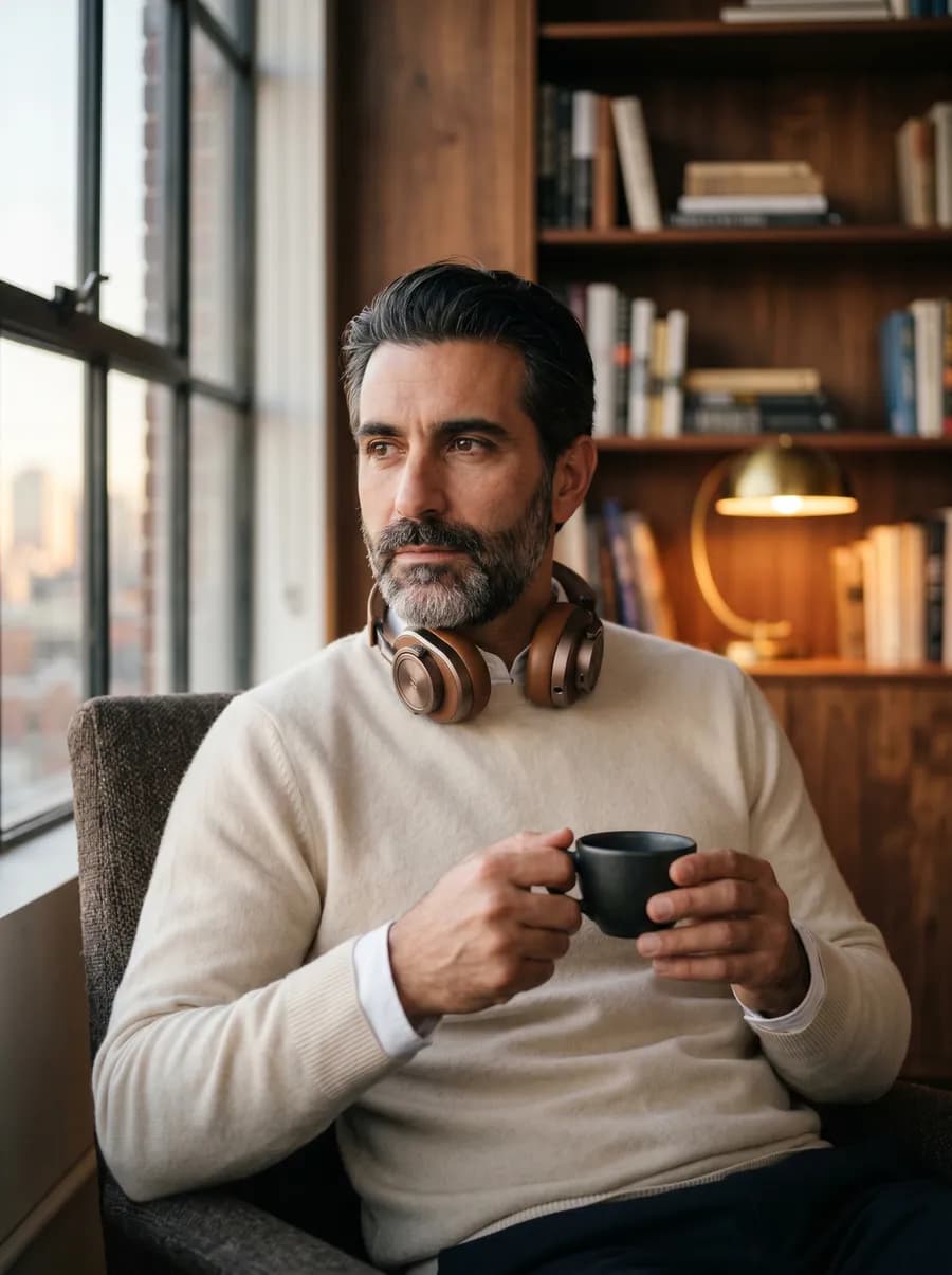 Eine Person steht ruhig mit einem Espresso am Fenster eines hellen Raums