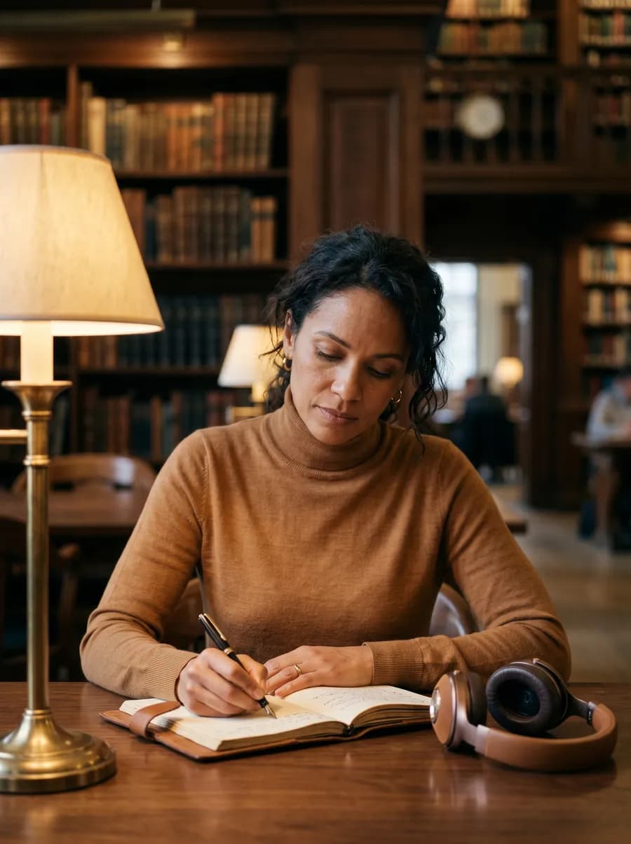 Eine Person arbeitet konzentriert mit einem Workbook in einer warmen Bibliothek