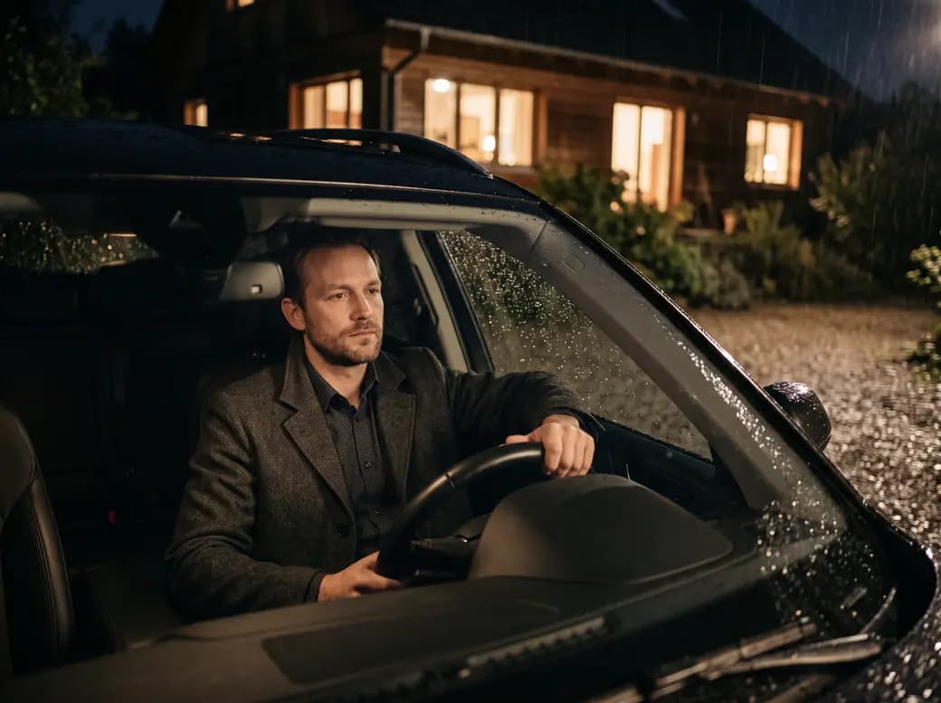 Ein Mann sitzt abends allein im geparkten Auto vor seinem beleuchteten Zuhause