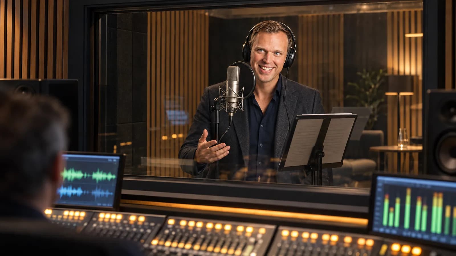 Dennis Tefett spricht in der Tonkabine eines Tonstudios am Mikrofon, im Vordergrund das Mischpult