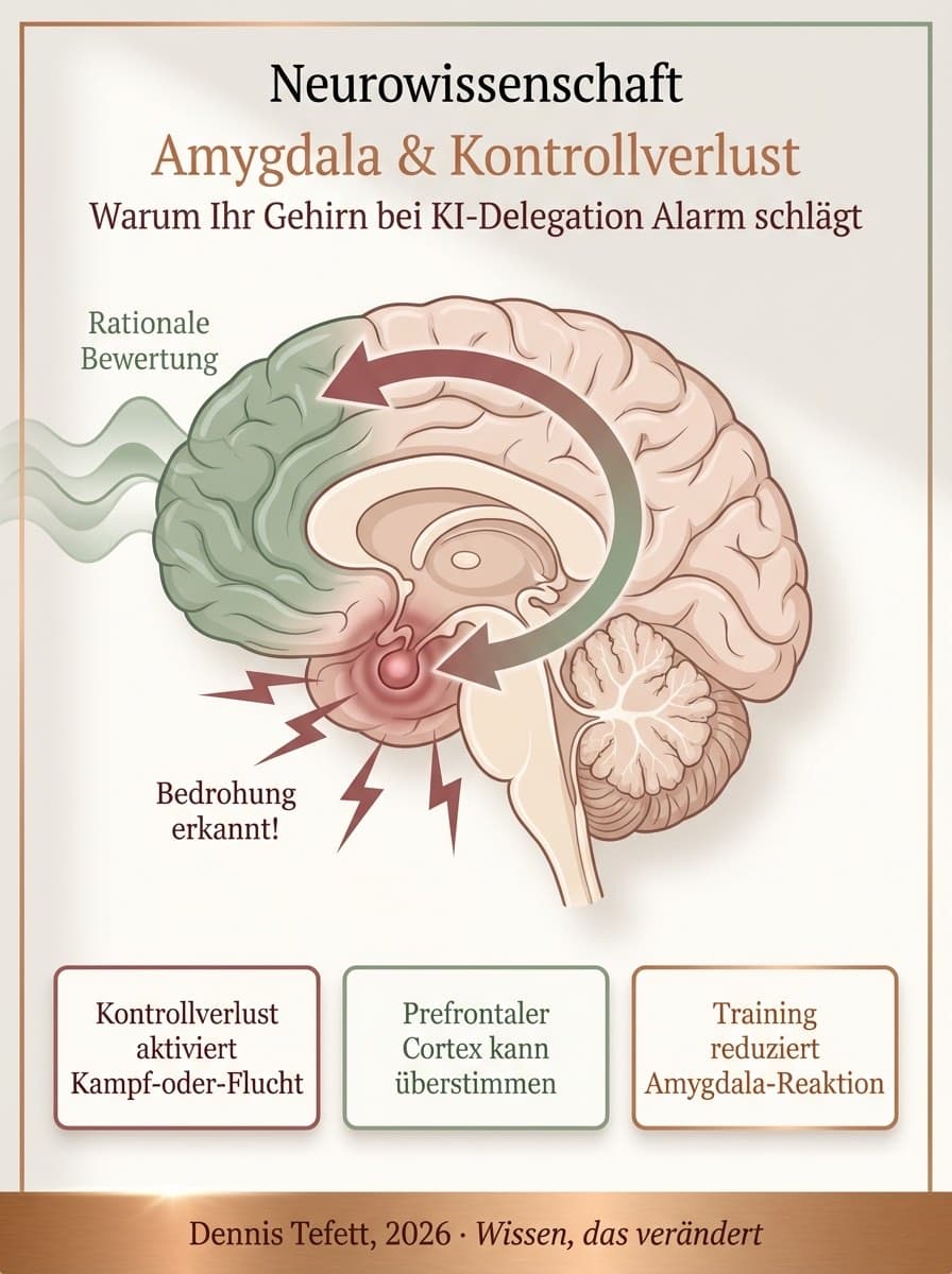 Infografik Amygdala-Reaktion bei Kontrollverlust: Wie das Gehirn auf autonome KI-Systeme reagiert. Neurowissenschaft der Führung.