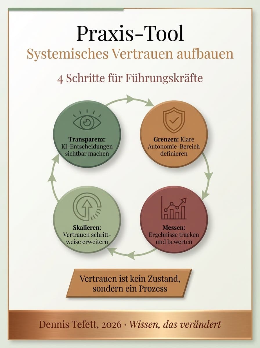 Infografik Systemisches Vertrauen: Drei Säulen Transparenz, Erfahrung und Rahmensetzung für wirksame KI-Führung. Dennis Tefett Coaching Akademie.