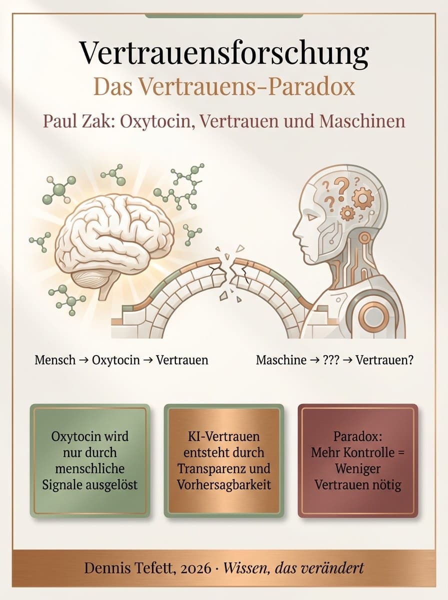 Infografik Vertrauens-Paradox nach Zak: Oxytocin-basiertes Vertrauen und die Dosis-Wirkungs-Kurve bei KI-Delegation. Dennis Tefett 2026.