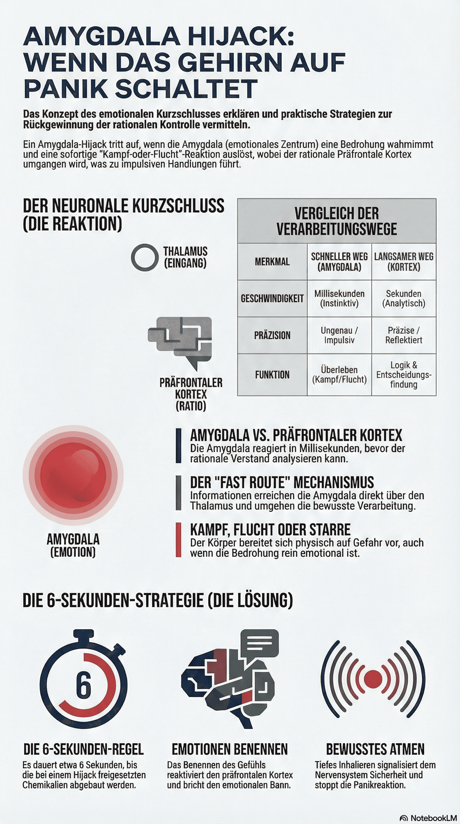 Infografik: Amygdala Hijack — Der neuronale Kurzschluss und die 6-Sekunden-Strategie