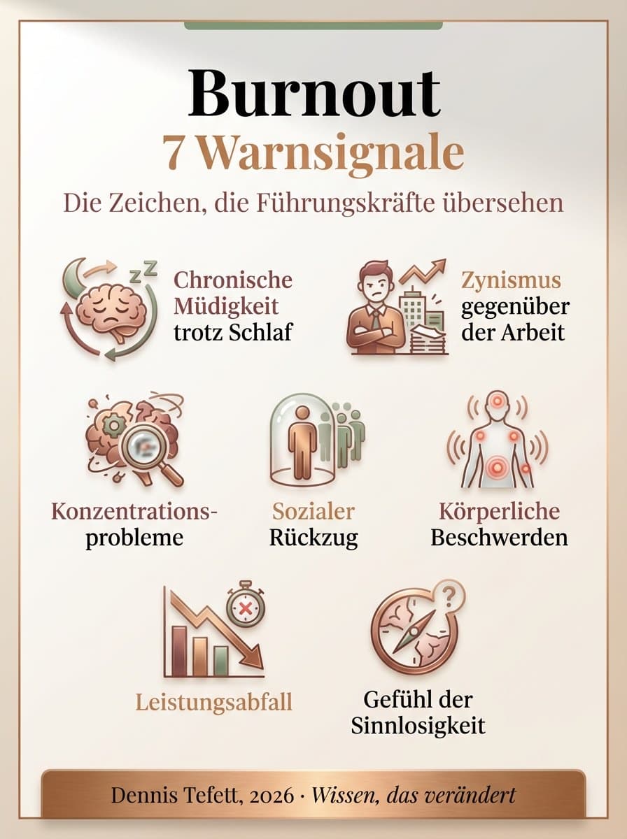 Infografik: Die sieben Warnsignale für Burnout bei Führungskräften im Überblick, Dennis Tefett Coaching