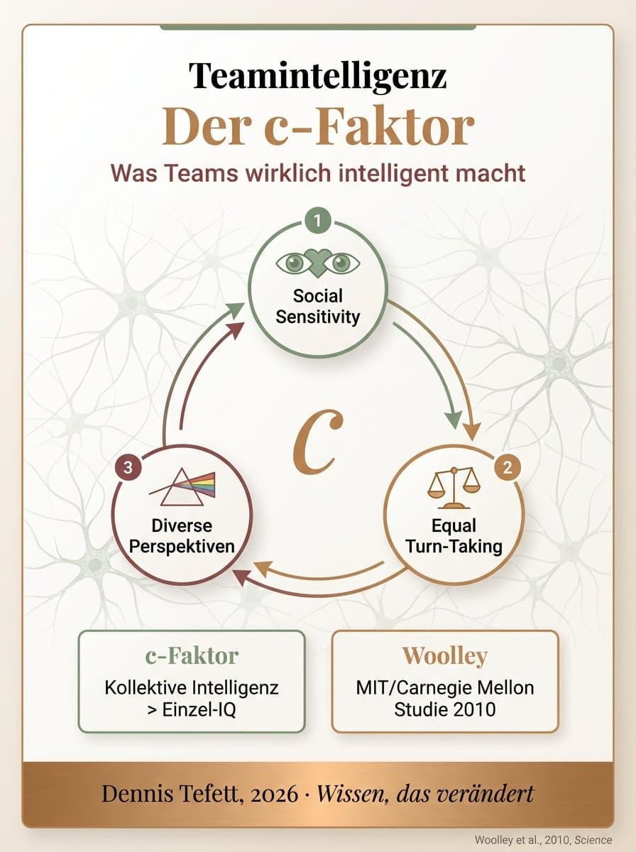 Teamintelligenz und Neural Synchrony: Wie sich Gehirnaktivität bei effektiver Kommunikation synchronisiert. Forschung von Hasson, Woolley und Pentland. Dennis Tefett Coaching, 2026.