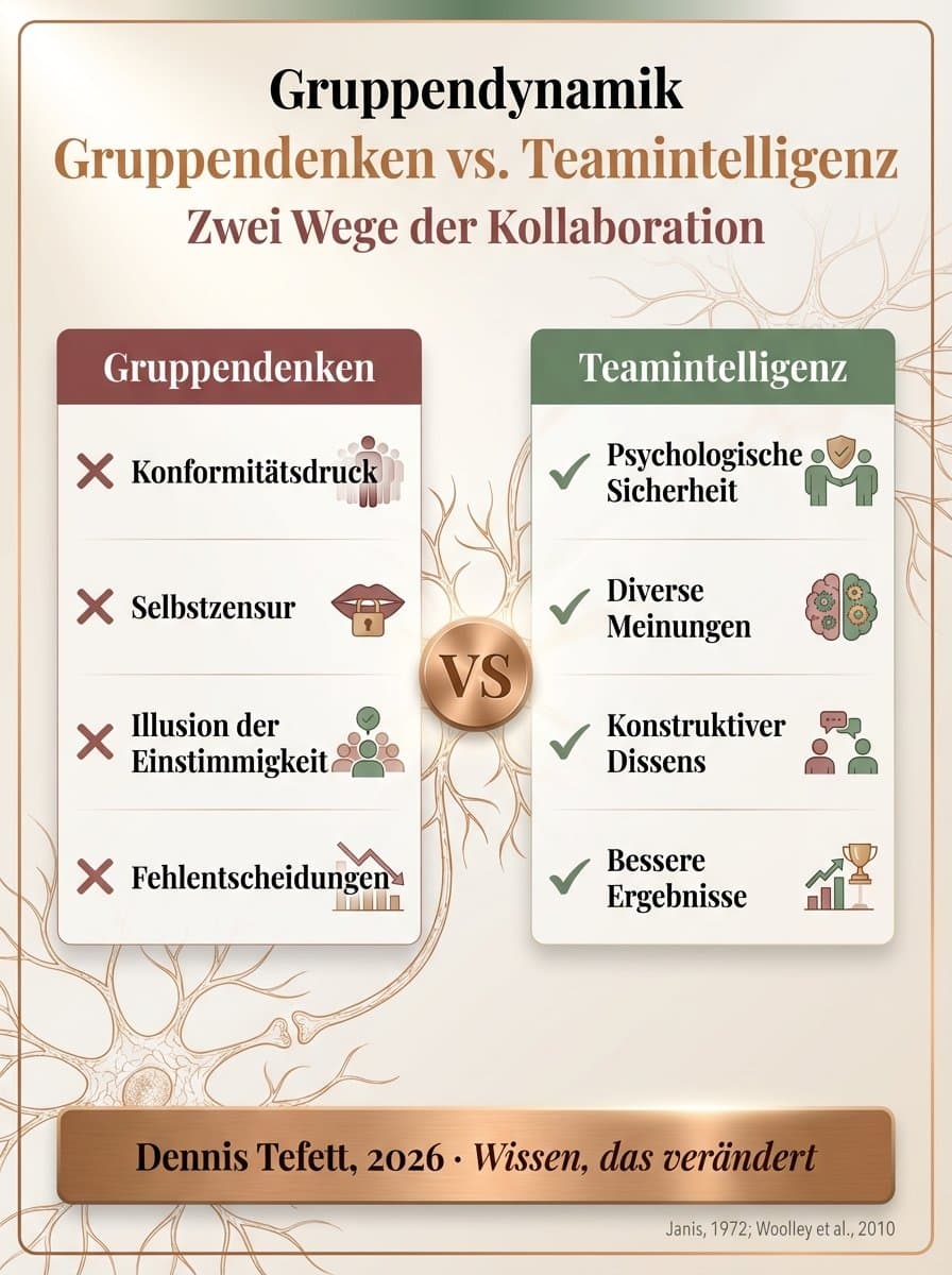 Infografik: Die 4 Hebel der Teamintelligenz. Psychologische Sicherheit, gleichverteilte Gesprächsanteile, soziale Sensitivität und kognitive Diversität. Dennis Tefett Coaching, 2026.