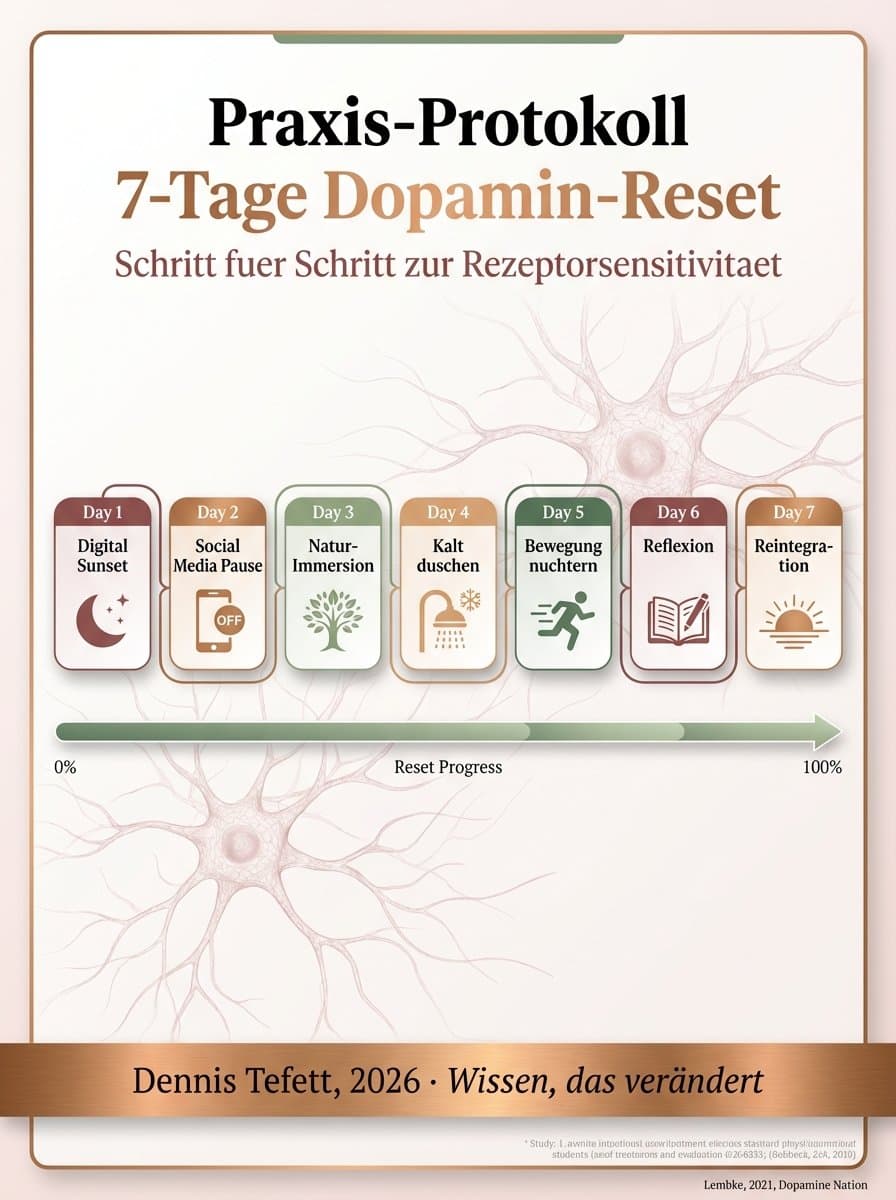 Infografik: Das 7-Tage Dopamin-Reset-Protokoll für Führungskräfte. Tagesstruktur mit Morgenroutine ohne Bildschirm, Fokusblöcken und bewusster Medienzeit. Dennis Tefett Coaching, 2026.