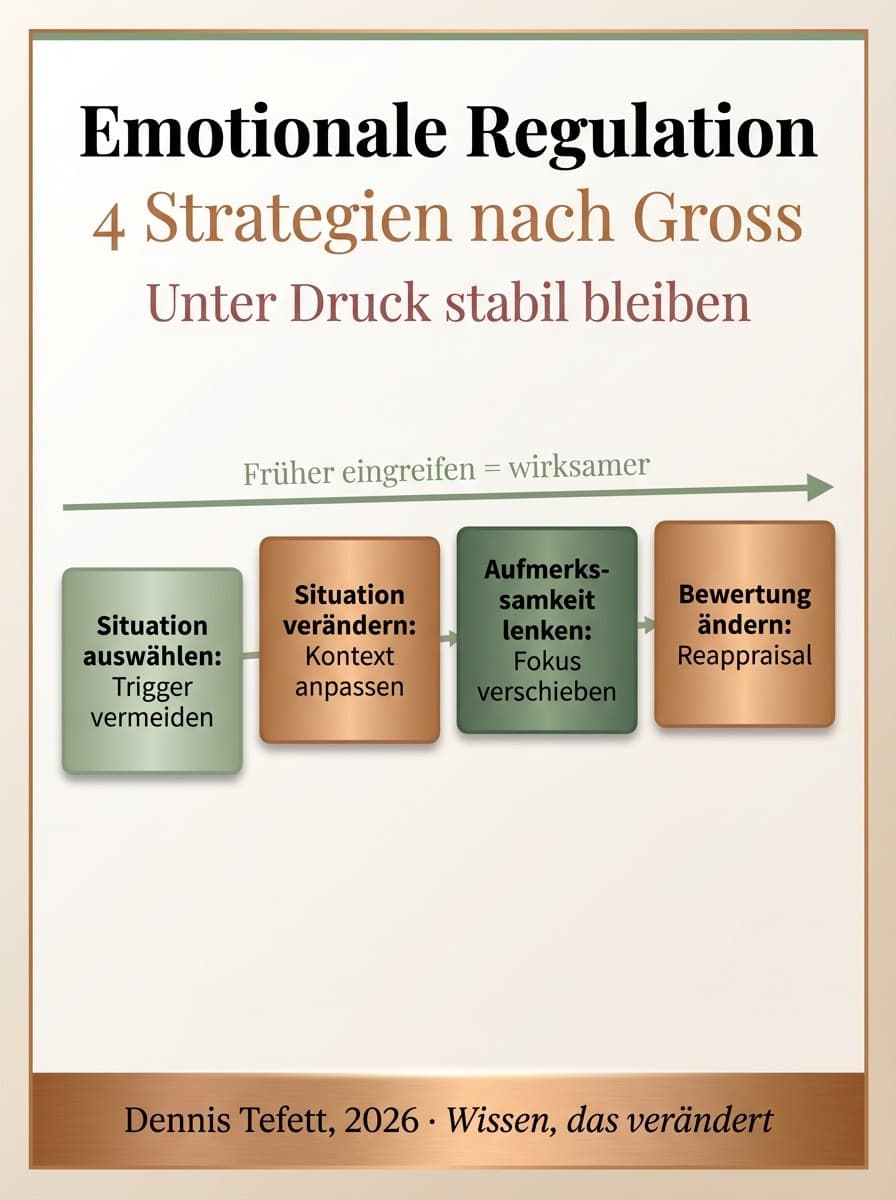 Infografik: Vier Schritte der kognitiven Neubewertung für emotionale Regulation, Dennis Tefett Coaching