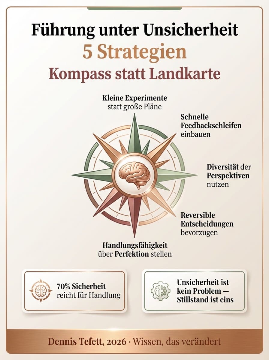 Infografik: 5 Strategien für adaptive Führung unter Unsicherheit. Kompass mit Gehirn-Silhouette. Dennis Tefett 2026.