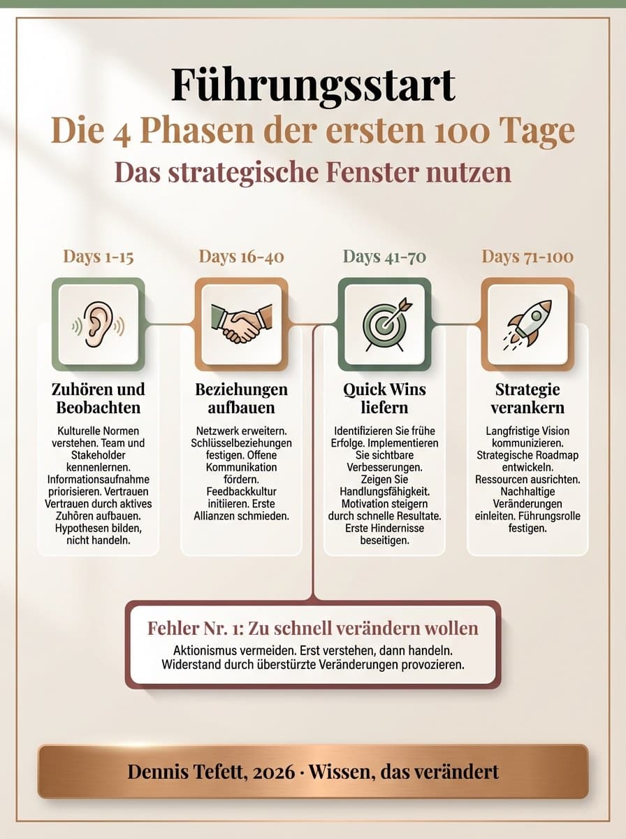 Infografik Die ersten 100 Tage: Phasenmodell für neue Führungskräfte mit neurowissenschaftlicher Fundierung.