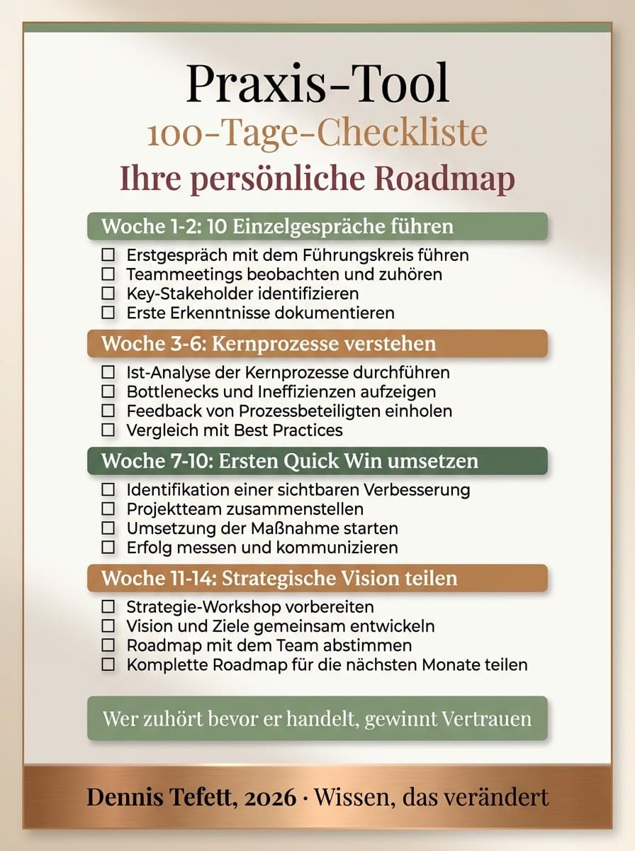 Infografik Vertrauensaufbau und Team-Integration in den ersten 100 Tagen der Führungsposition.