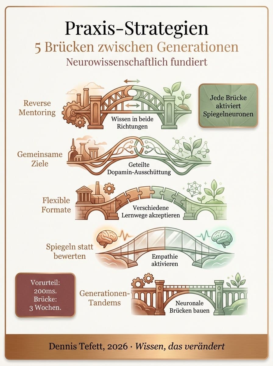 Infografik 5 neurowissenschaftlich fundierte Brücken-Strategien: Feedback-Frequenz, Aufmerksamkeitsformate, Purpose, Reverse Mentoring, biologischer Kontext.