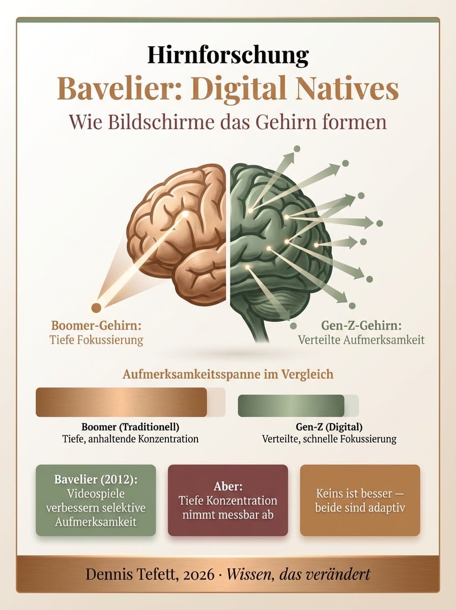 Infografik Bavelier-Forschung zu Digital Natives: Verteilte Aufmerksamkeit, schnellere Mustererkennung und neuronale Plastizität. Universität Genf.