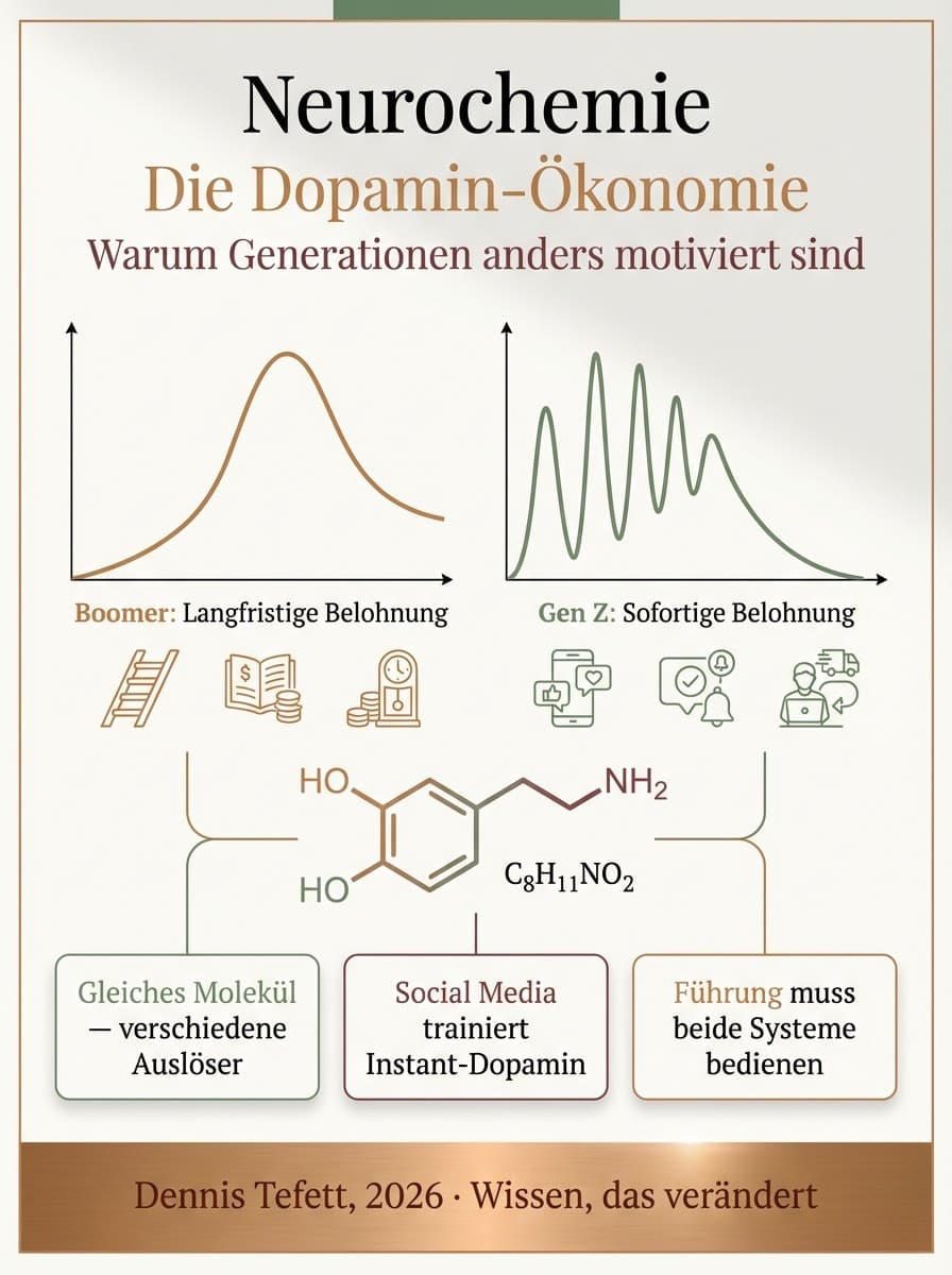 Infografik Dopamin-Ökonomie: Wie unterschiedliche Dopamin-Kalibrierung Boomer und Gen Z im Arbeitsalltag unterschiedlich motiviert.