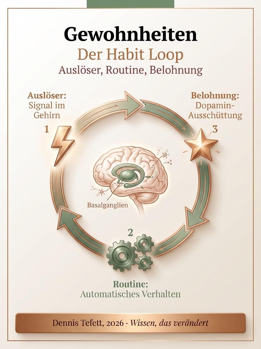 Infografik: Der Gewohnheitskreislauf. Auslöser, Routine und Belohnung als dreistufiges Muster im Gehirn