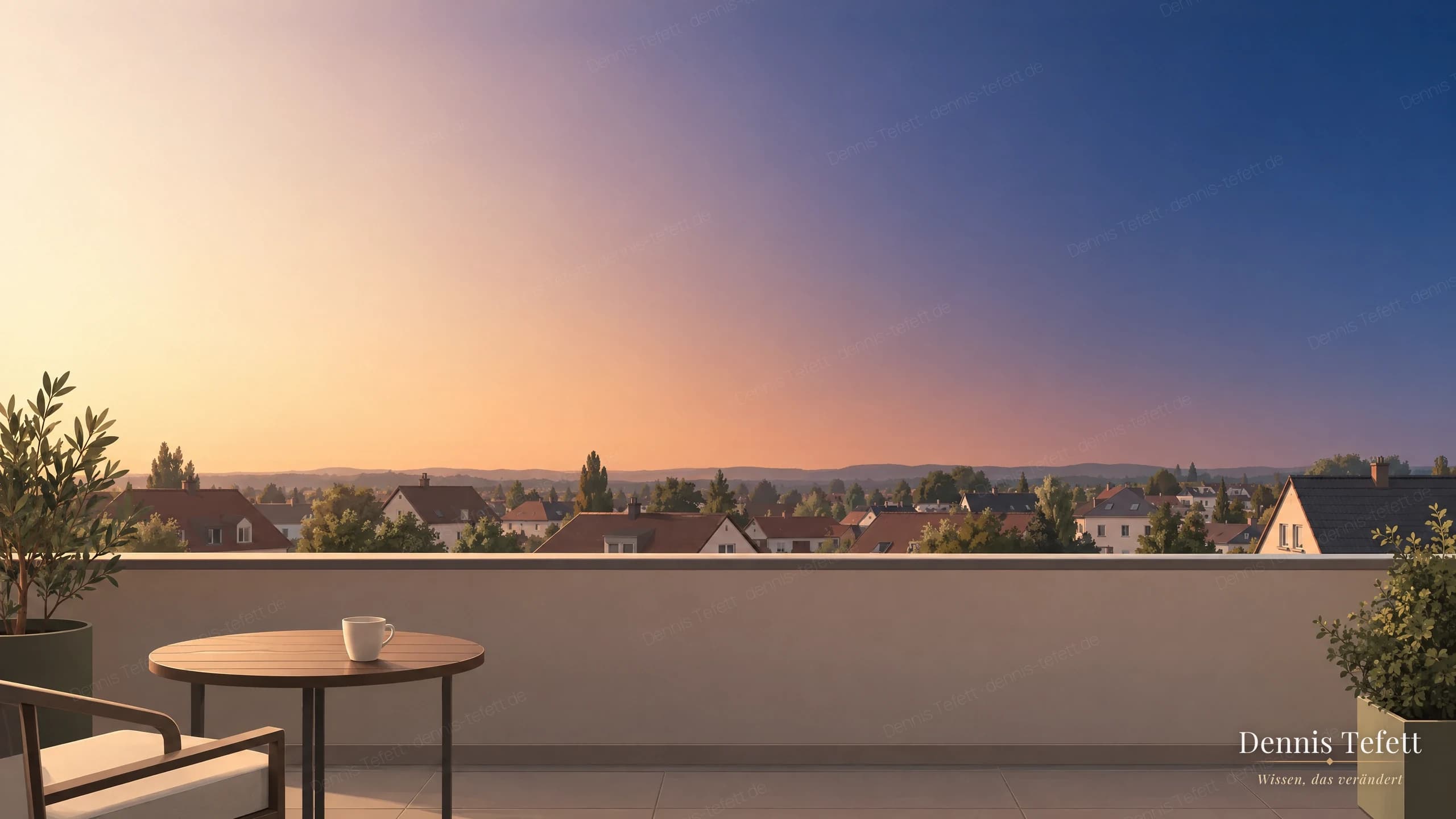 Illustration: Blick von einem leeren Balkon über die Dächer einer Kleinstadt. Unten liegen die Brüstung und ein Beistelltisch mit einer leeren Tasse, darüber wandert der Himmel von hellem Nachmittag über warmes Abendlicht in die tiefe Nacht.