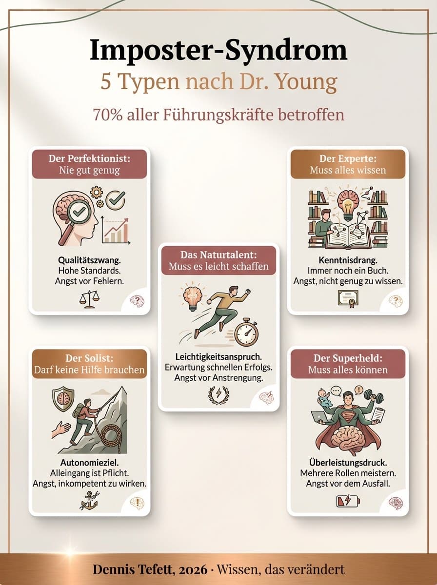 Infografik: Die fünf Imposter-Typen nach Valerie Young mit neuronalen Mustern und typischen Verhaltensweisen