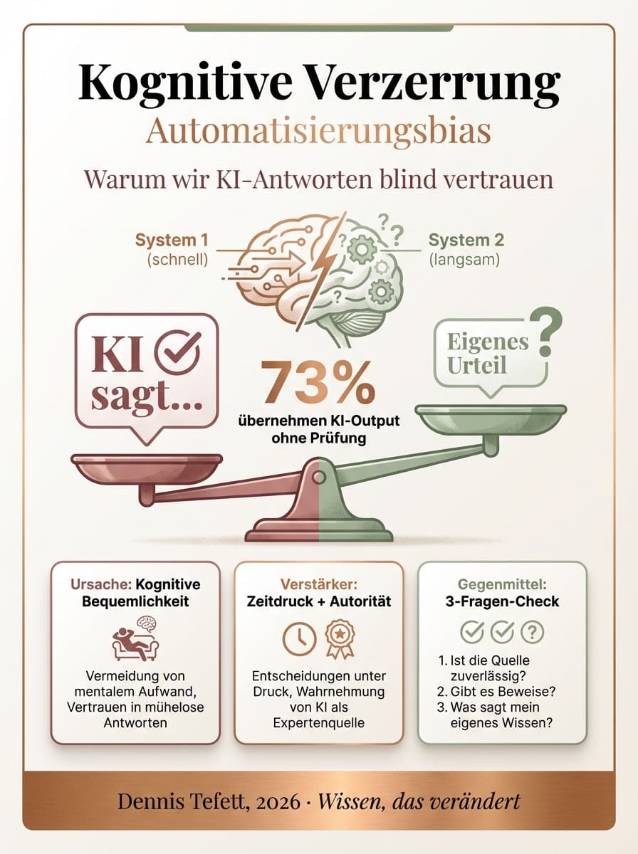 Infografik Automatisierungsbias: Warum 73 Prozent der Menschen KI-Antworten unkritisch übernehmen. Parasuraman 2010.