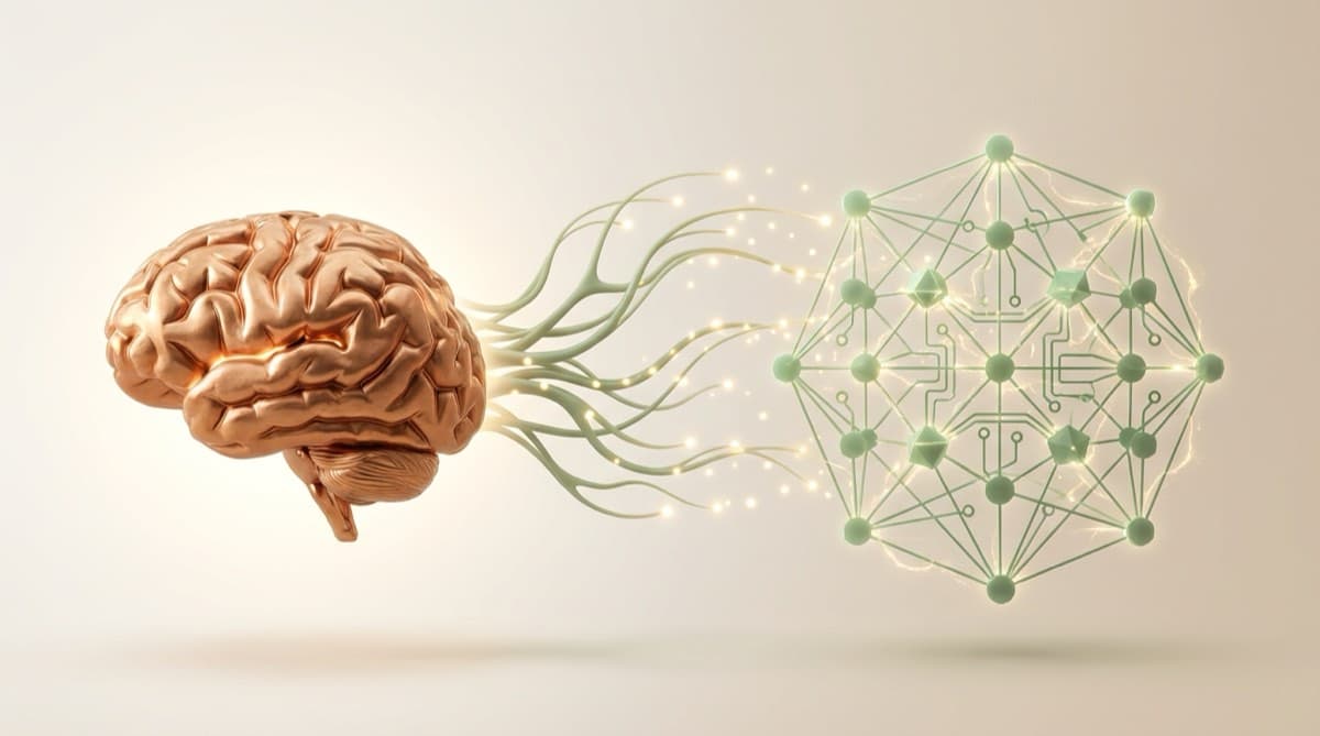 Leuchtende Verbindung zwischen menschlichem Gehirn und KI-Netzwerk in Kupfer- und Salbeitönen. Neurowissenschaft der Mensch-KI-Zusammenarbeit.