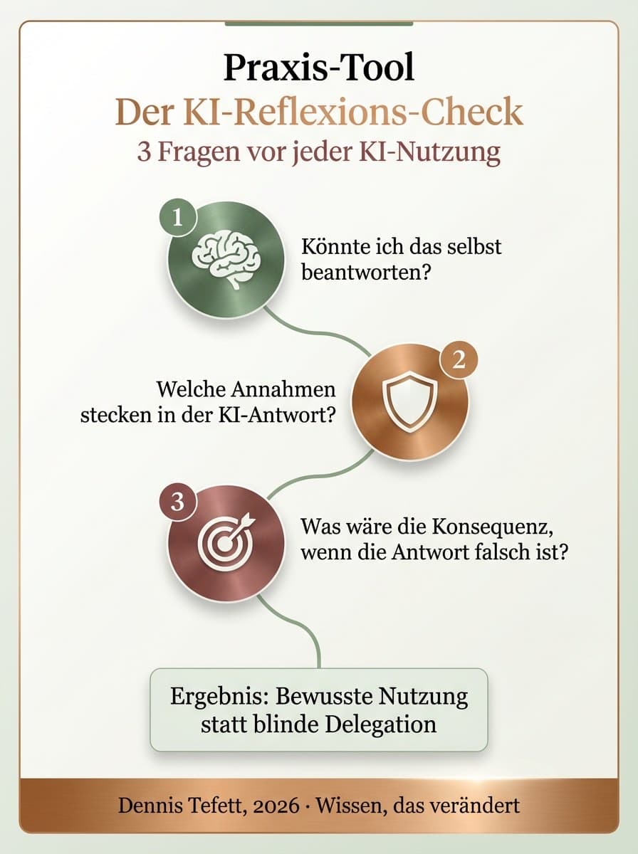 Infografik KI-Reflexions-Check: 3 Fragen vor jeder KI-Nutzung für kritisches Denken. Dennis Tefett Coaching Akademie.