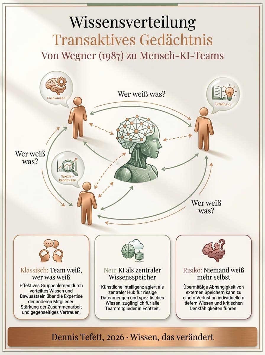 Infografik Transaktives Gedächtnis nach Wegner: Wie Teams und KI-Systeme Wissen verteilen. Dennis Tefett 2026.