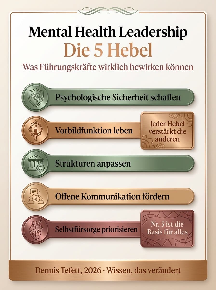 Infografik 5 neurowissenschaftliche Hebel für Mental Health Leadership: Co-Regulation, Erholung, psychologische Sicherheit, Verbundenheit, Autonomie.
