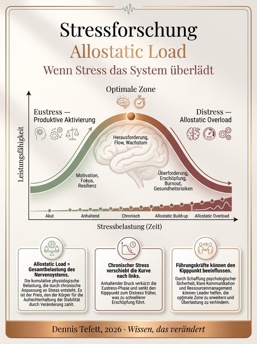 Infografik Allostatische Last nach McEwen: Wie chronischer Arbeitsstress Gehirn und Körper systematisch schädigt. Drei Phasen des Stresszyklus.