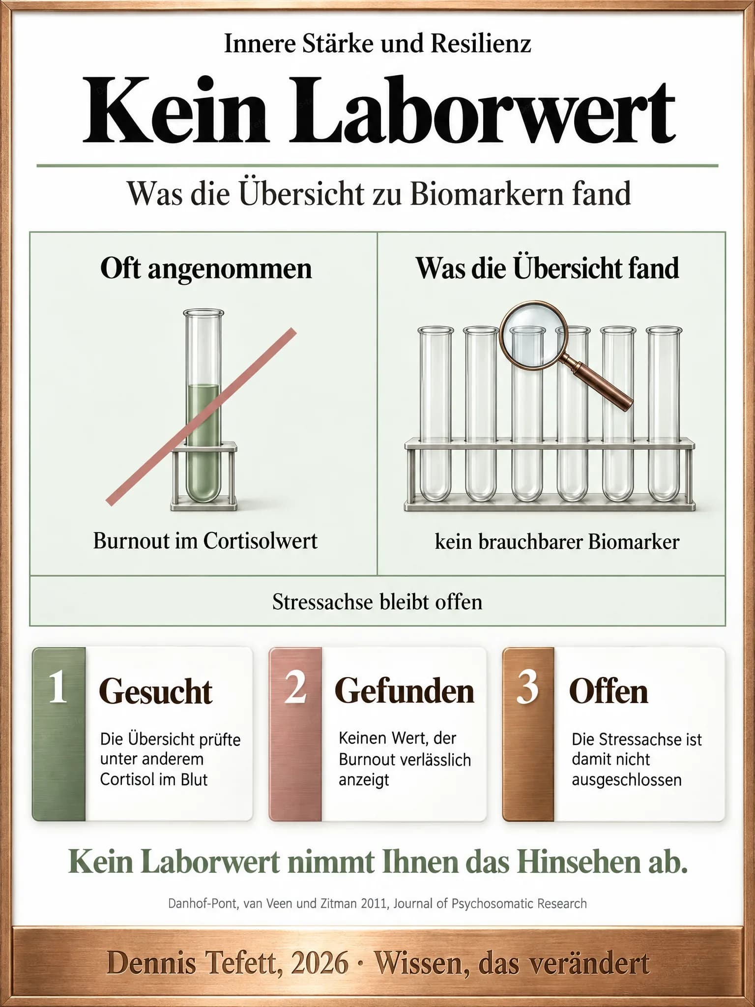 Informationsplakat: Zwei Hälften. Links ein halb gefülltes Röhrchen mit der durchgestrichenen Zeile Burnout im Cortisolwert, rechts sechs leere Röhrchen mit der Zeile kein brauchbarer Biomarker und einer Lupe. Unten steht, dass die Stressachse offen bleibt.