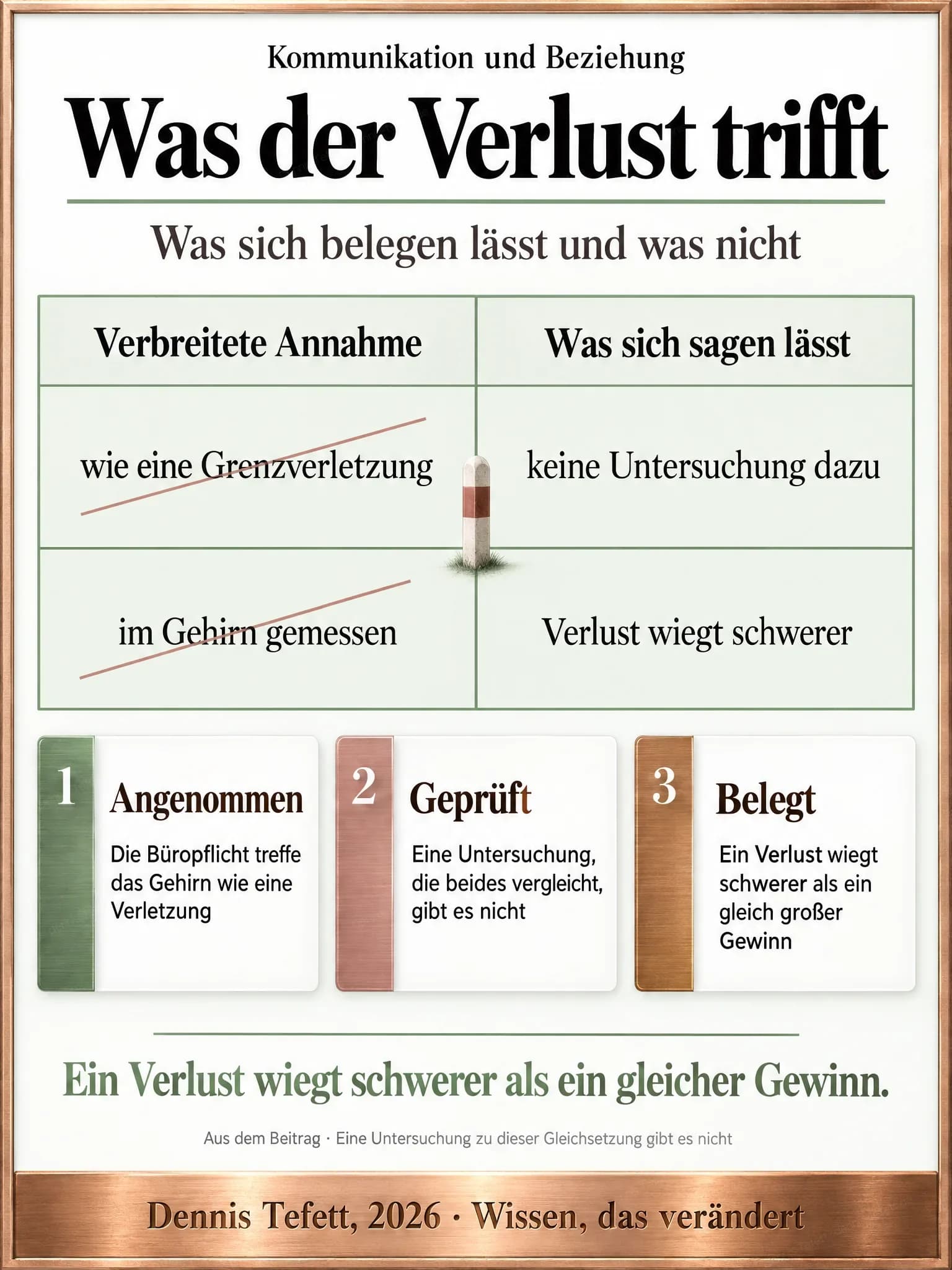 Infografik: Zwei Spalten im Vergleich, links die verbreitete Annahme einer Grenzverletzung im Gehirn, rechts der Hinweis, dass es dazu keine Untersuchung gibt und nur das Gewicht des Verlusts belegt ist.