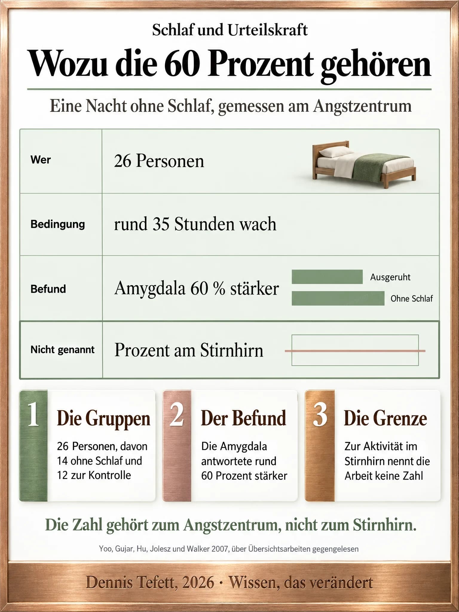 Infografik: Ein Studiensteckbrief in vier Zeilen mit Personen, Bedingung, Befund und dem, was die Arbeit nicht nennt. In der Befundzeile vergleichen zwei unterschiedlich lange Balken ausgeruht und ohne Schlaf.
