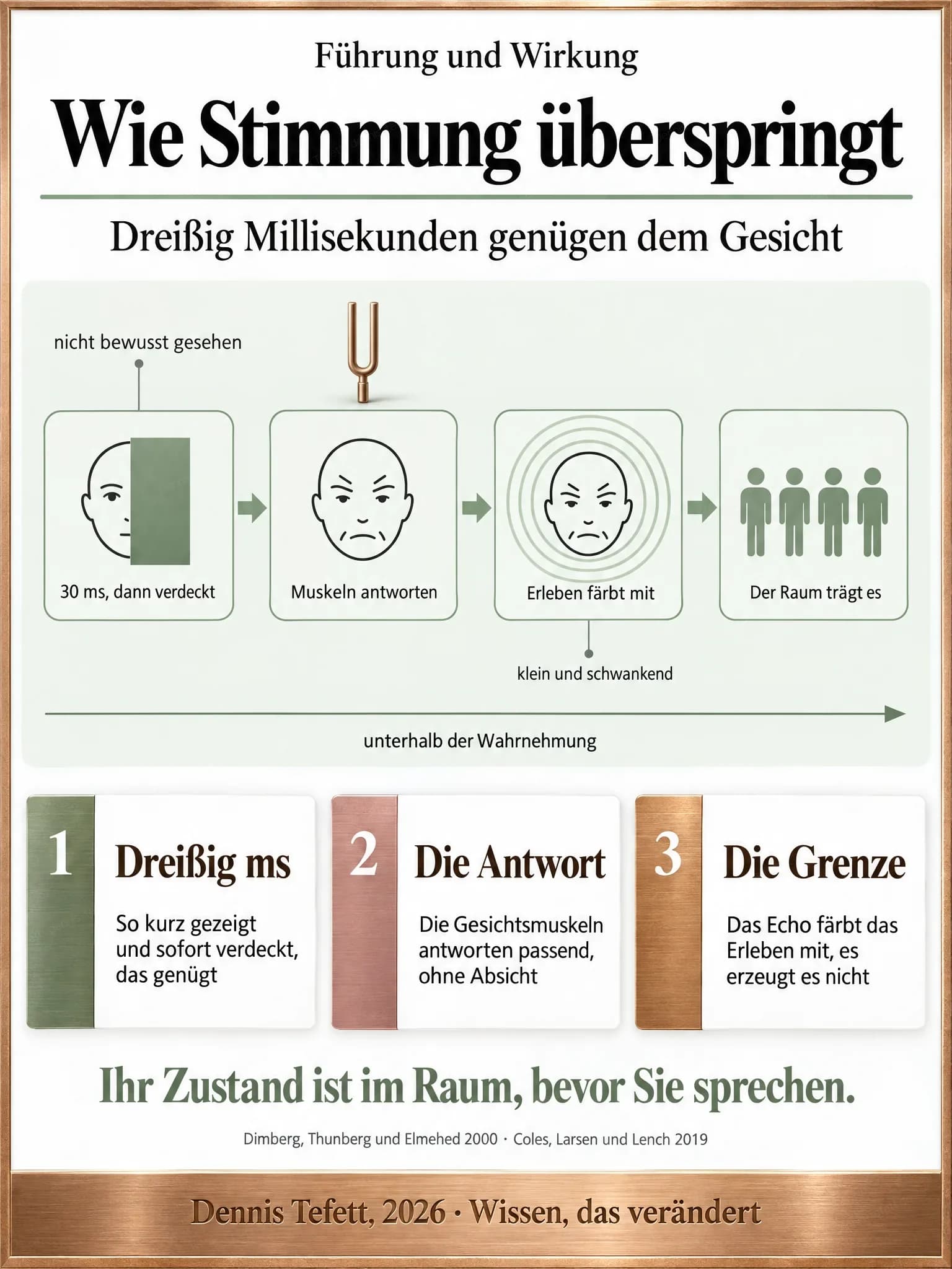 Ablaufgrafik in vier Stationen: ein kurz gezeigtes und verdecktes Gesicht, antwortende Gesichtsmuskeln, ein mitgefärbtes Erleben und schließlich eine Gruppe. Darüber eine Stimmgabel.